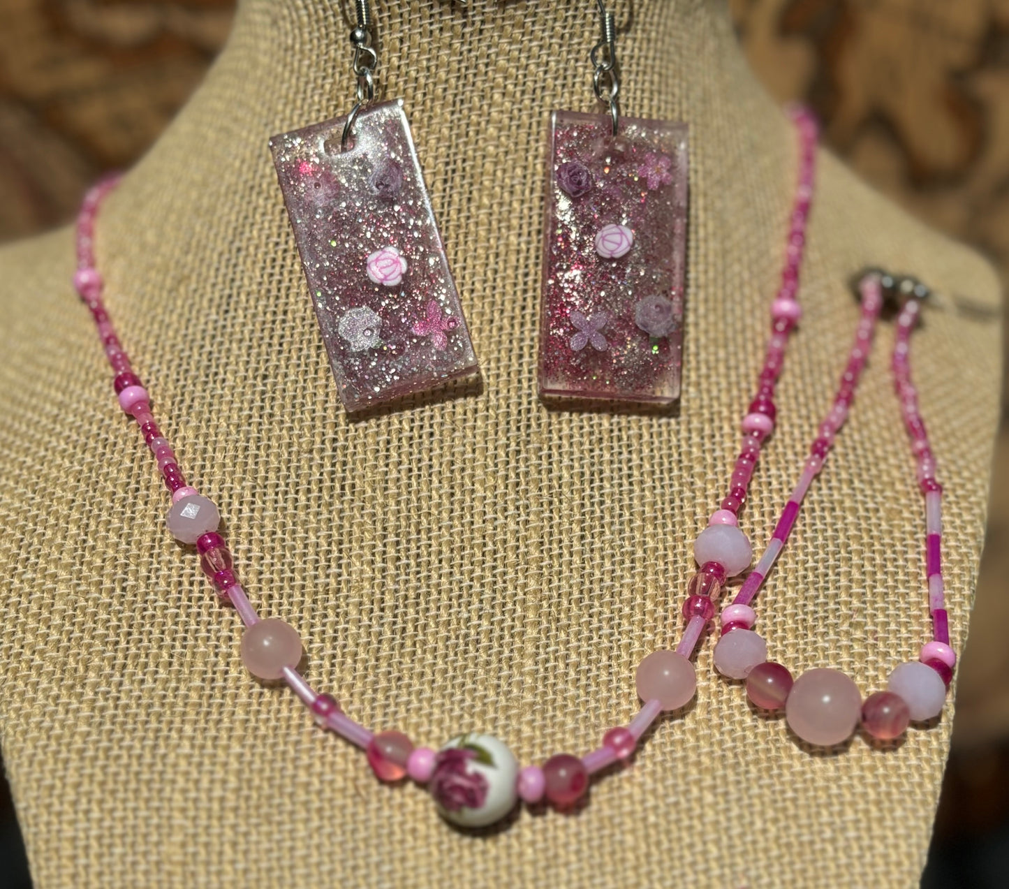 Aaliyah - Pink Beaded Necklace Set with Rose Charm, Each necklace is individually crafted, ensuring a unique and special piece.