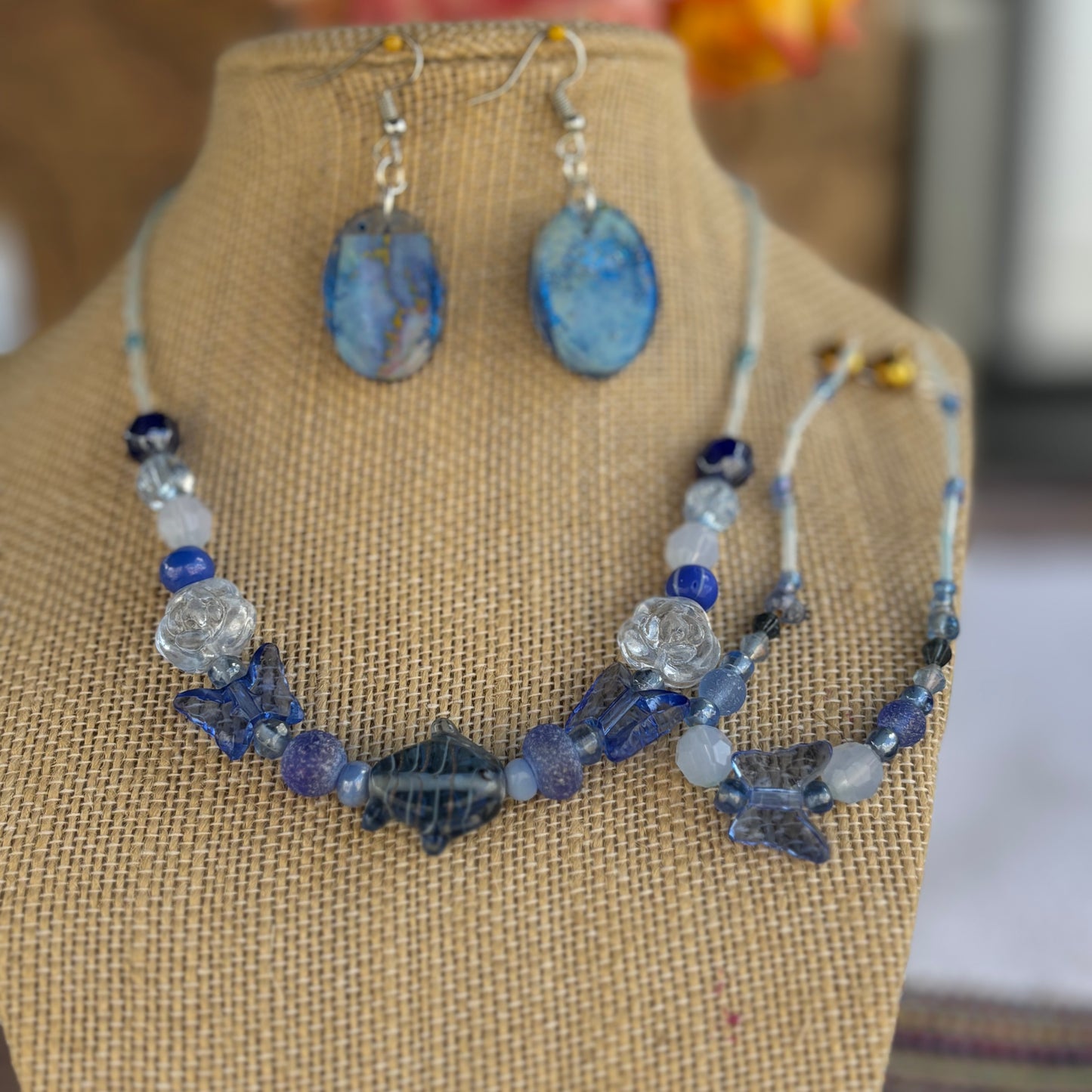 Abigail - Blue Beaded Necklace with Butterfly Charm and Fish