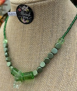Aubrey - Emerald Elegance Stunning Green Beaded Necklace. Necklace showcases a beautiful array of greens, from deep forest to light lime.