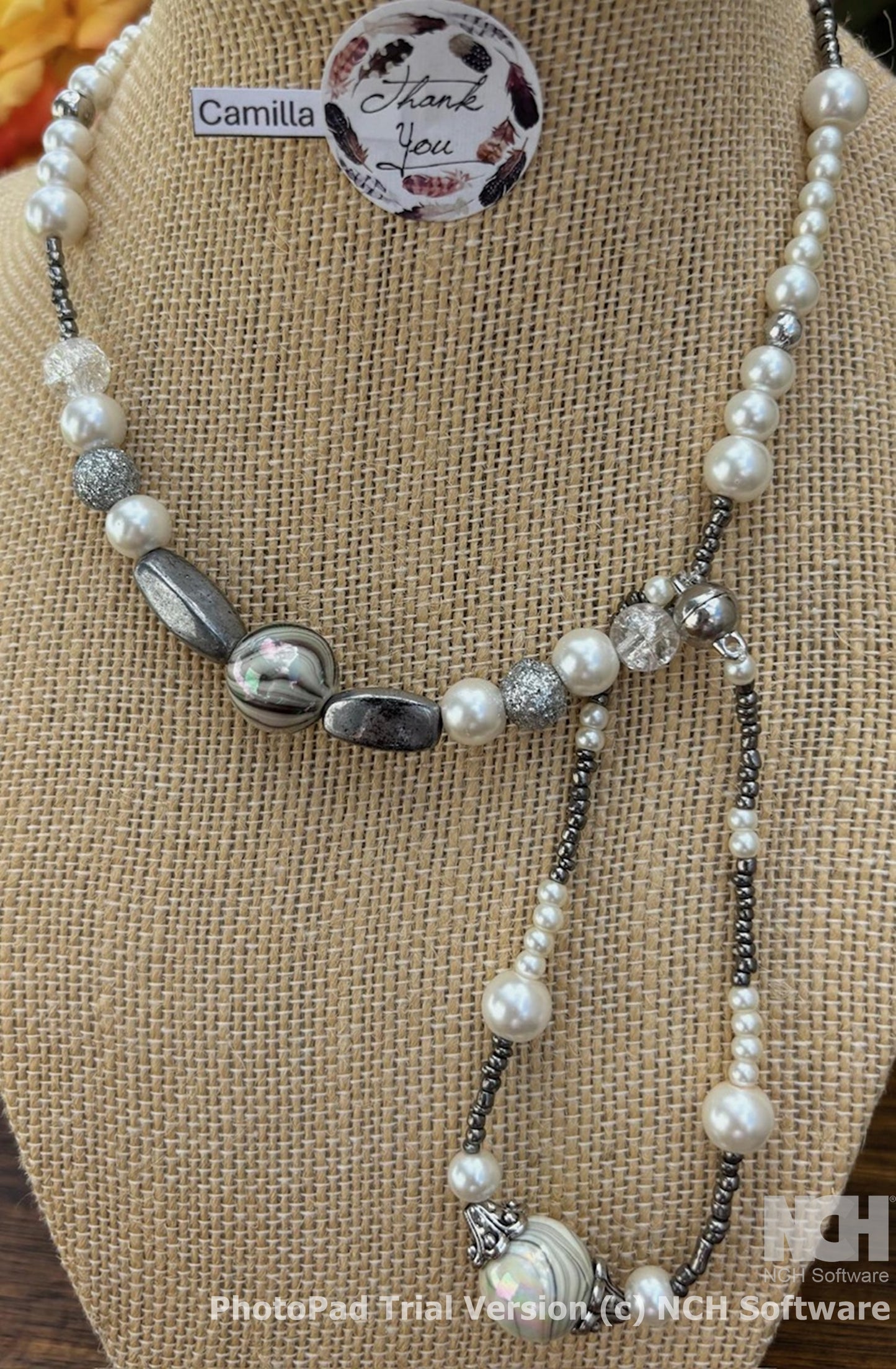 Camilla - Pearl Elegance: Timeless White Beaded Necklace, The silver beads and clasps add a touch of sophistication.