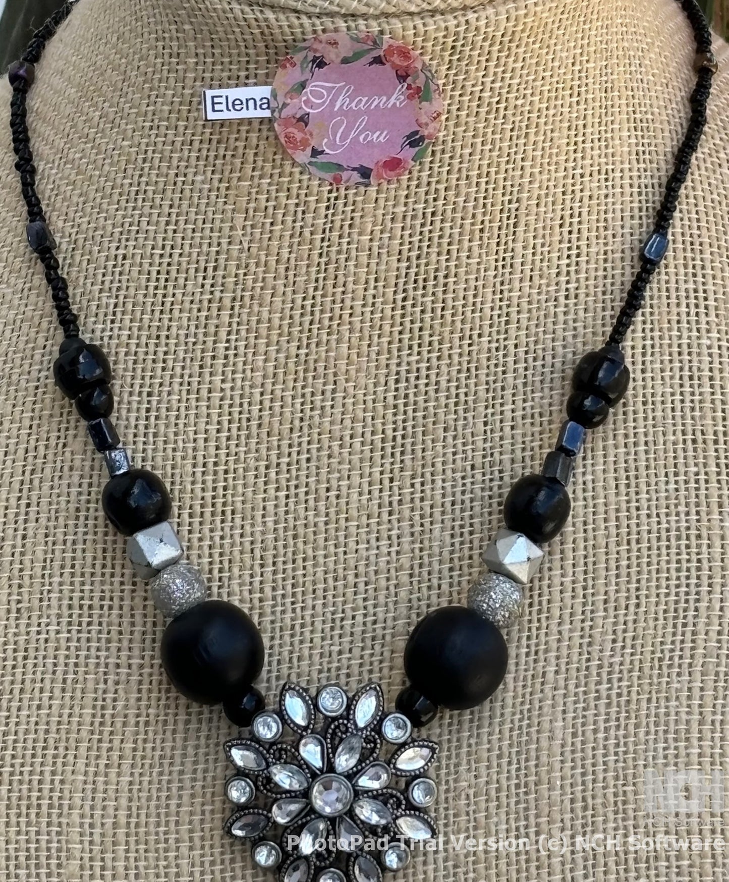 Elena - Elegant Black and Silver Beaded Necklace with Crystal Centerpiece