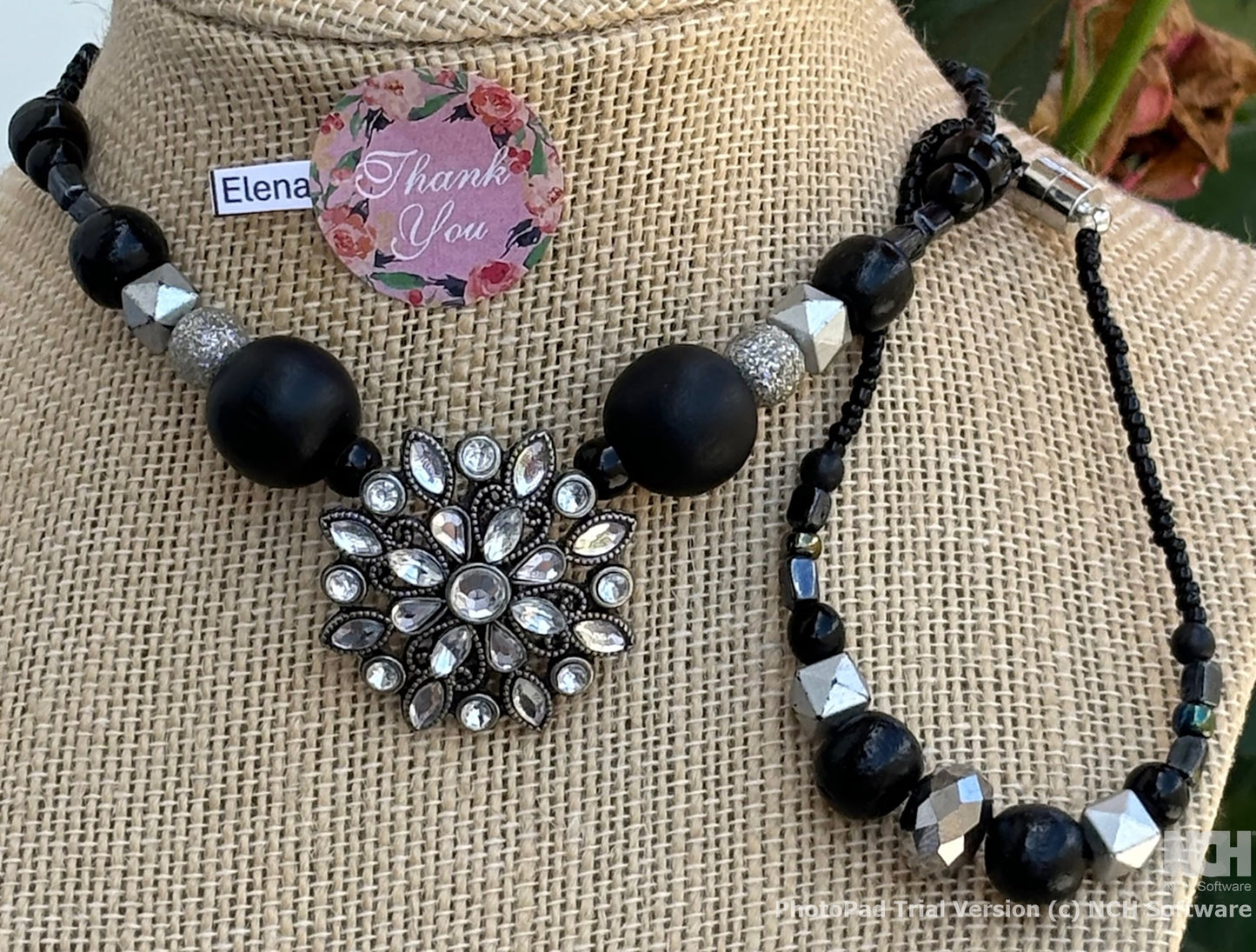 Elena - Elegant Black and Silver Beaded Necklace with Crystal Centerpiece
