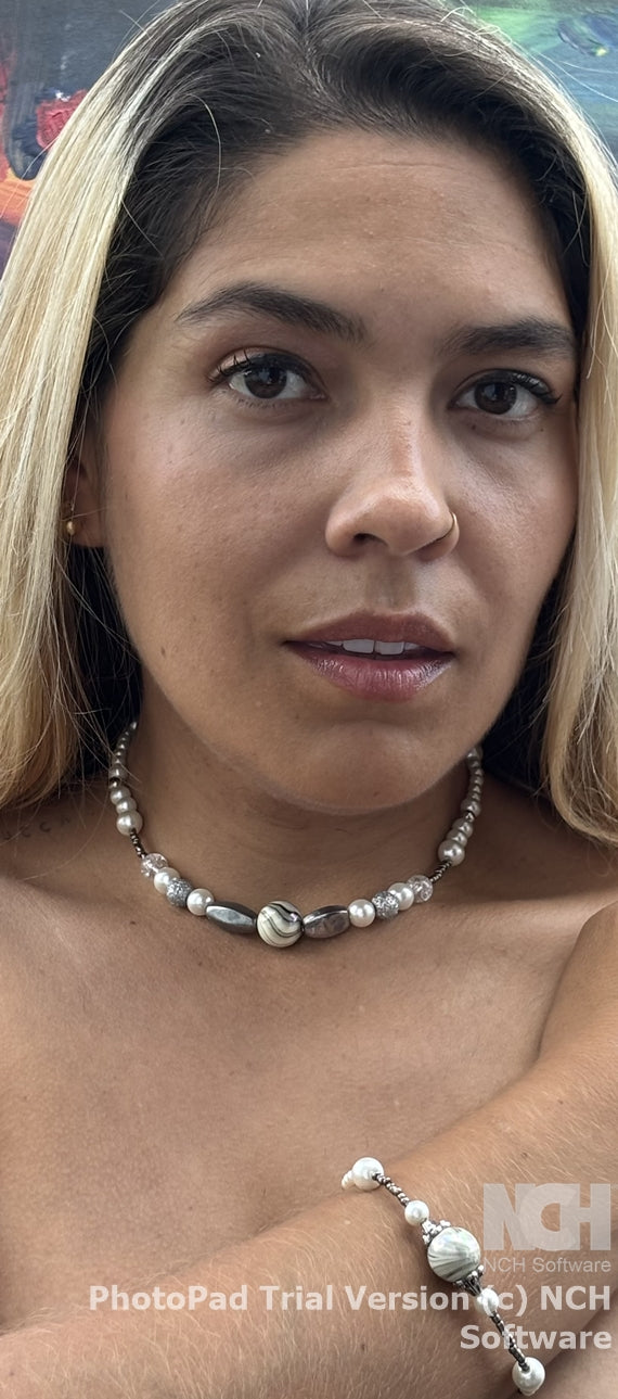 Camilla - Pearl Elegance: Timeless White Beaded Necklace, The silver beads and clasps add a touch of sophistication.