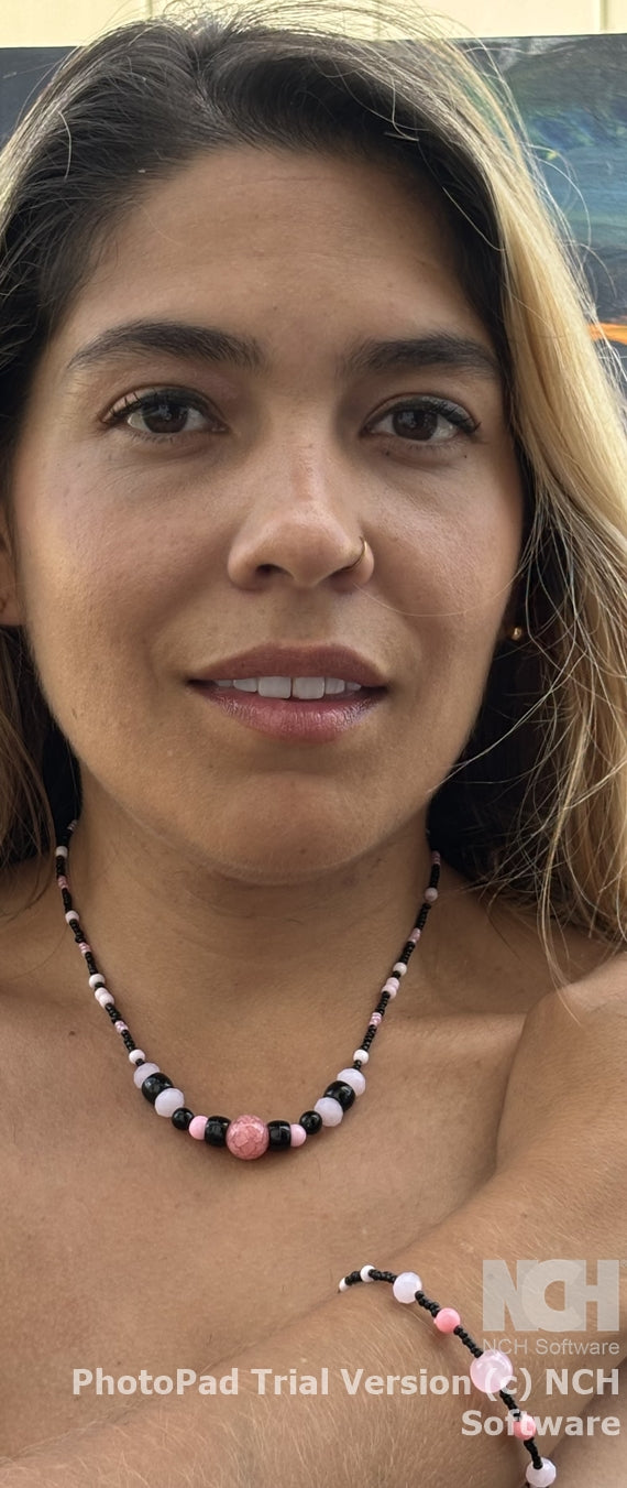 Arietta - Elegant Pink and Black Beaded Necklace and Bracelet. Handmade Perfect for any occasion, this piece is a stylish addition.