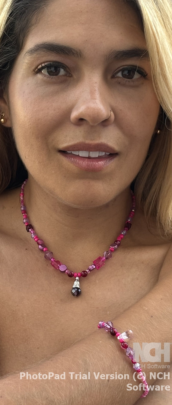 Bianca - Custom Handmade Beaded Necklace and Bracelet Set - Pink and White Elegance