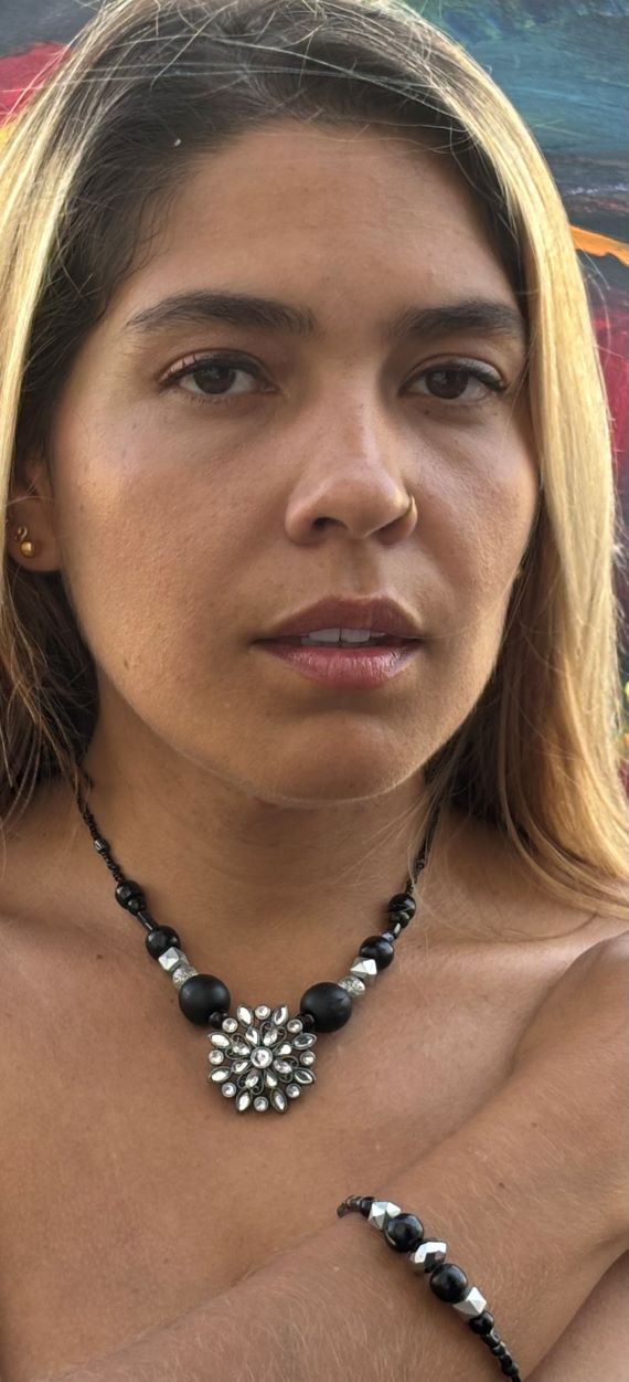 Elena - Elegant Black and Silver Beaded Necklace with Crystal Centerpiece