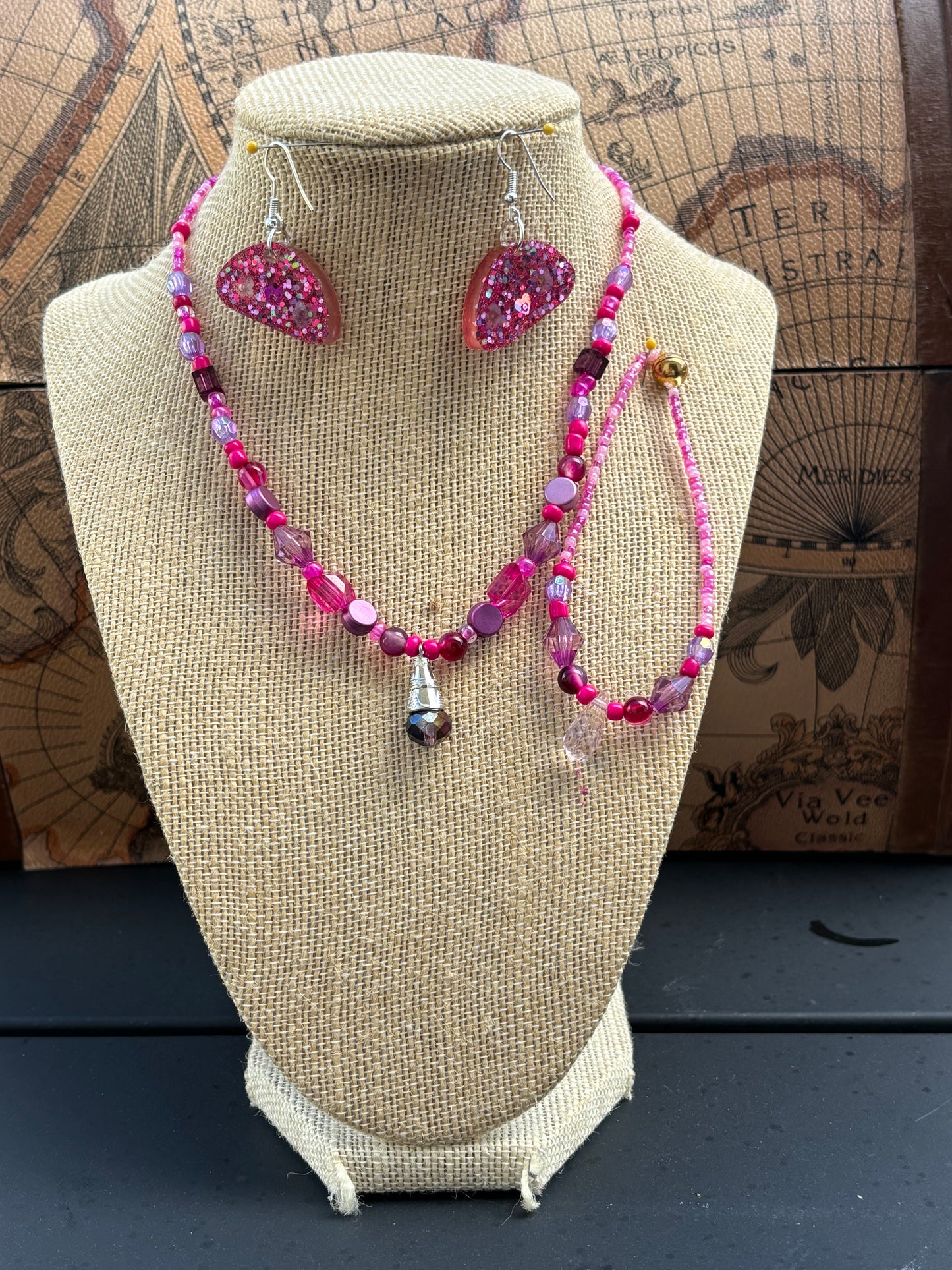 Bianca - Custom Handmade Beaded Necklace and Bracelet Set - Pink and White Elegance