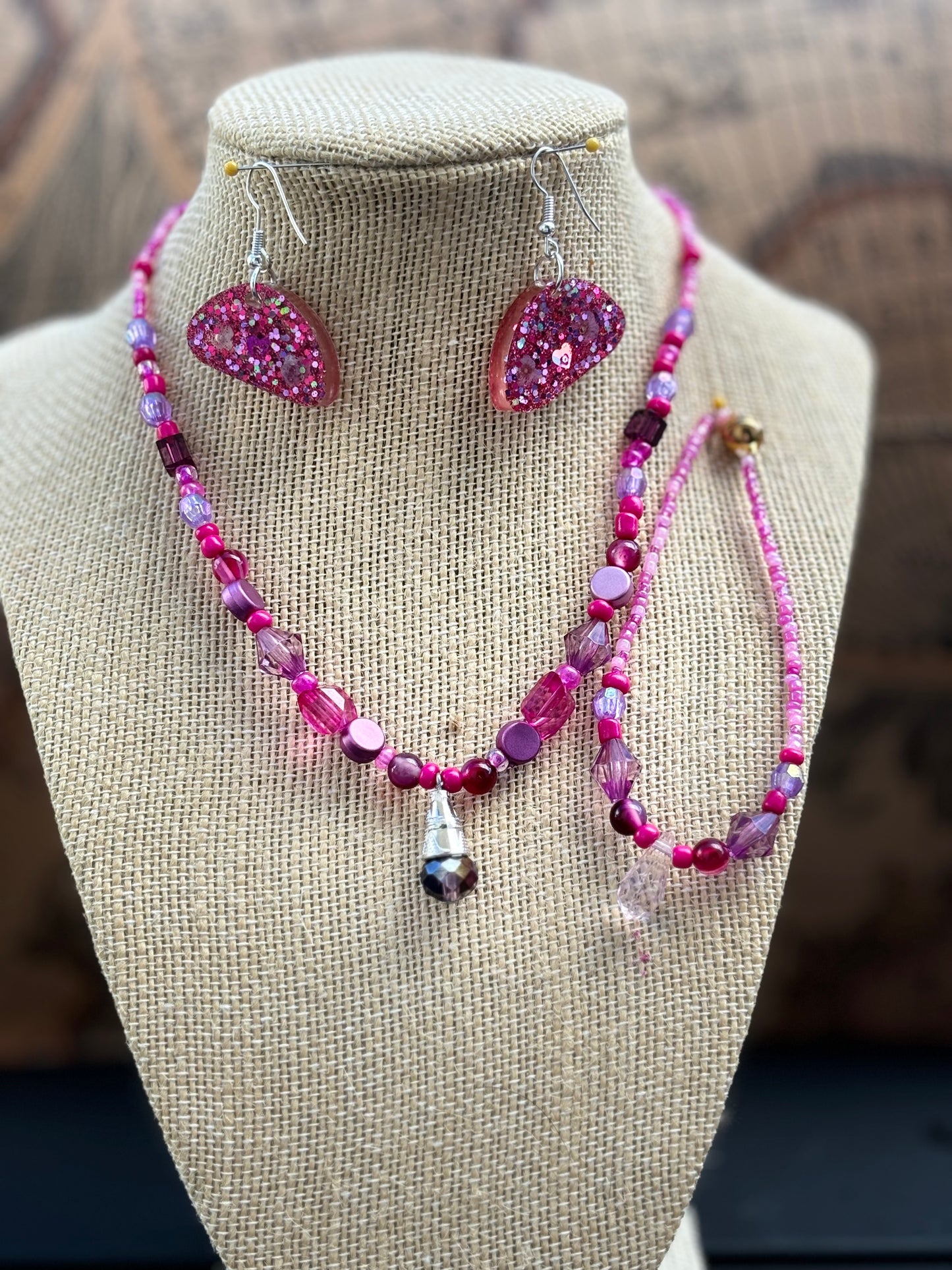Bianca - Custom Handmade Beaded Necklace and Bracelet Set - Pink and White Elegance