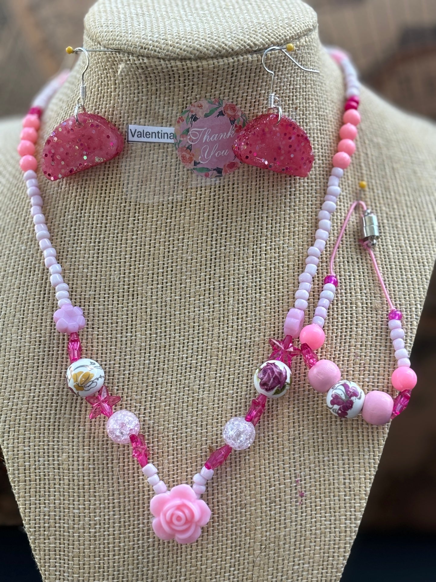 Valentina - Pink Beaded Necklace and bracelet Set Rose Charm Each necklace is individually crafted, ensuring a unique and special piece.