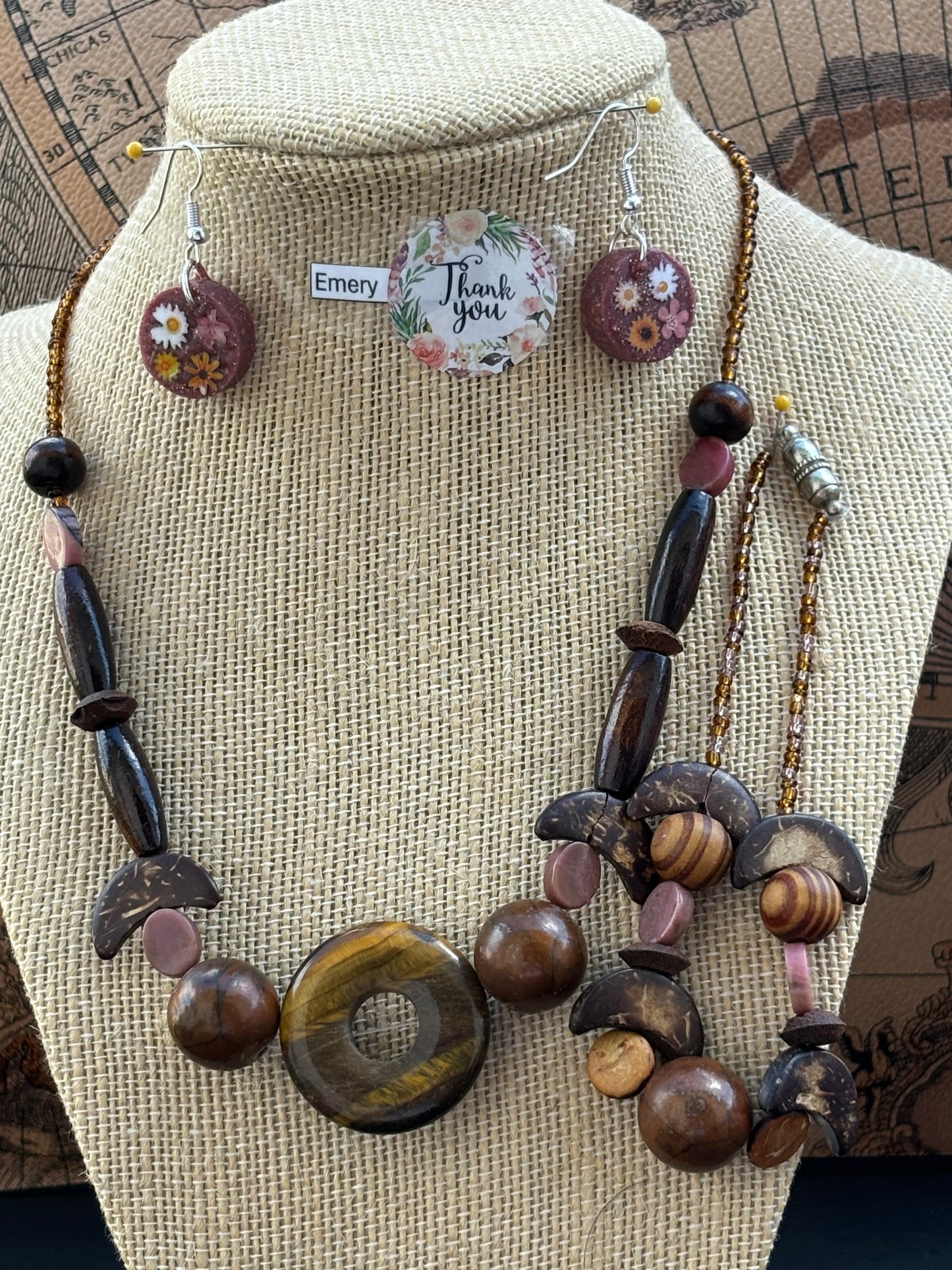 Emery - Wooden Beaded Necklace and bracelet with Tiger's Eye