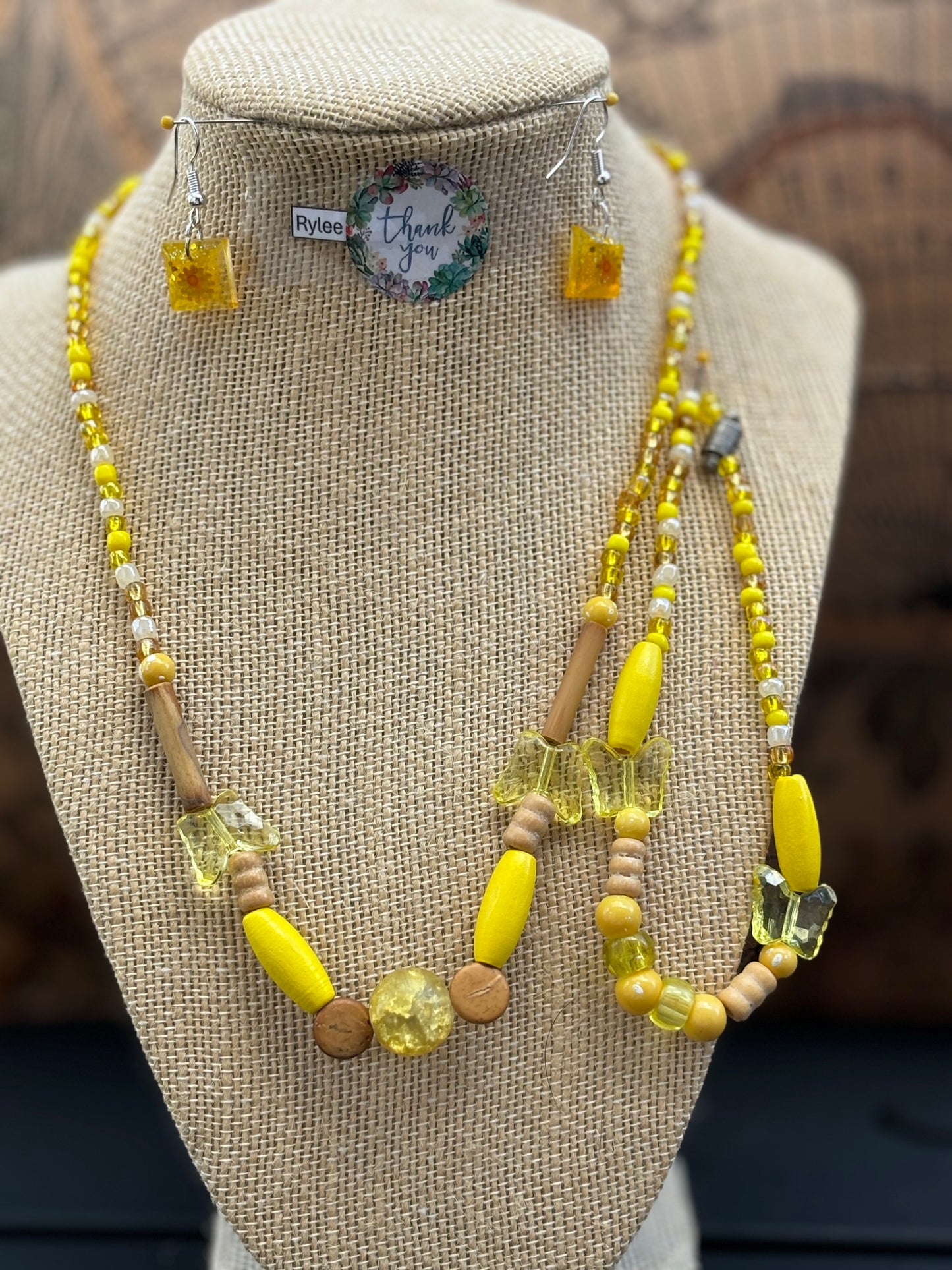 Rylee - Sunny Yellow Beaded Necklace and Bracelet with Wooden Accents