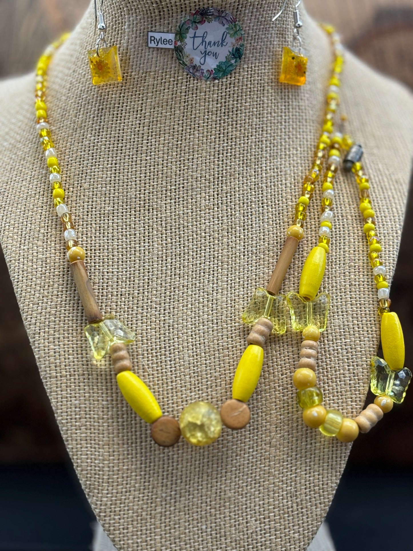 Rylee - Sunny Yellow Beaded Necklace and Bracelet with Wooden Accents