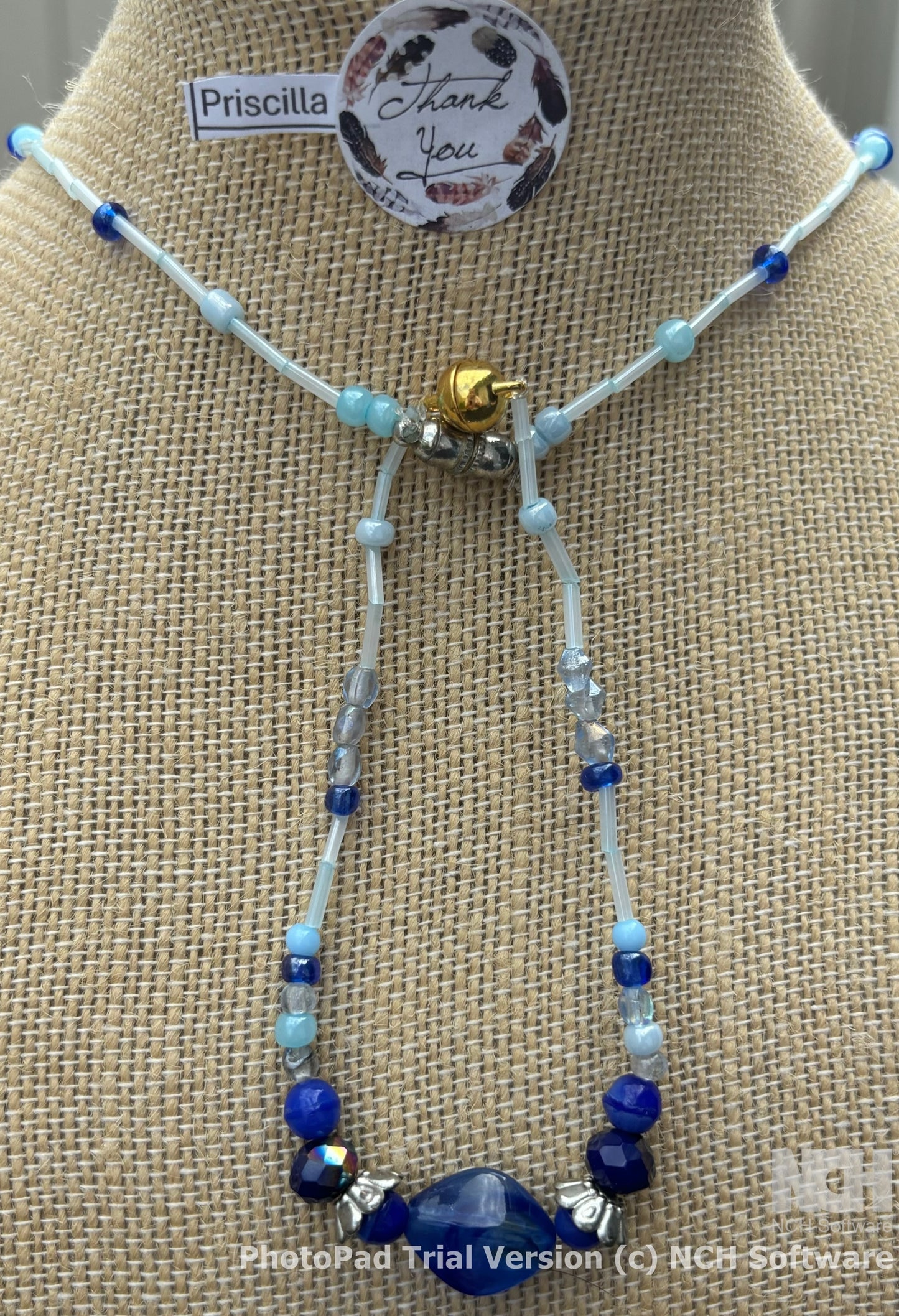 Priscilla - Sapphire Serenity Glass Beaded Necklace with Agate Pendant