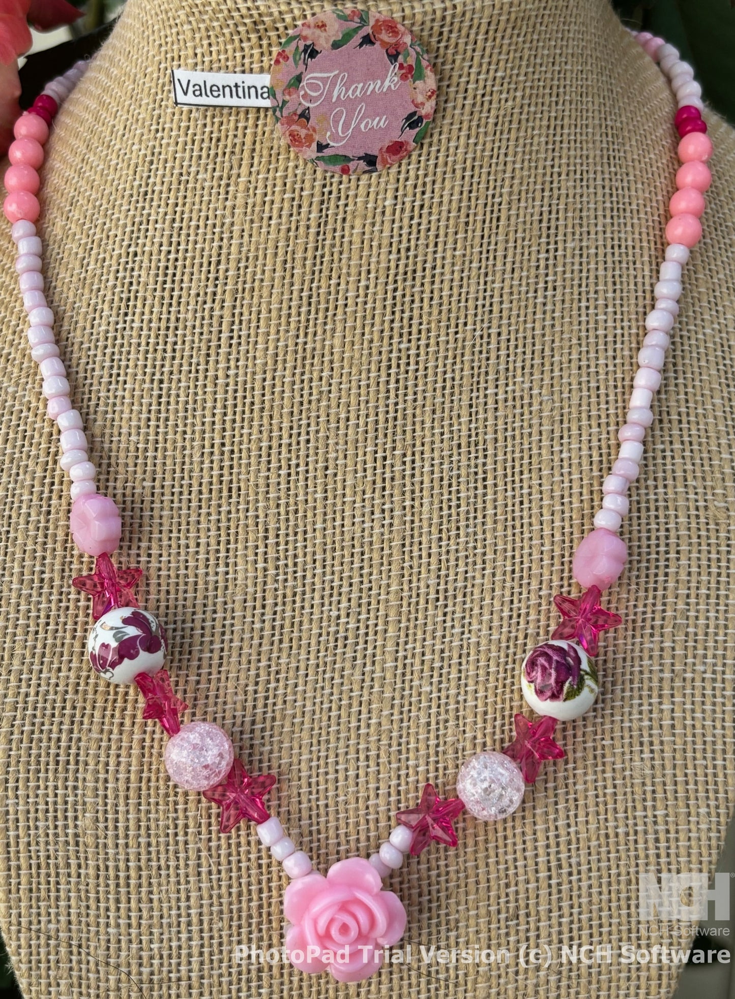 Valentina - Pink Beaded Necklace and bracelet Set Rose Charm Each necklace is individually crafted, ensuring a unique and special piece.