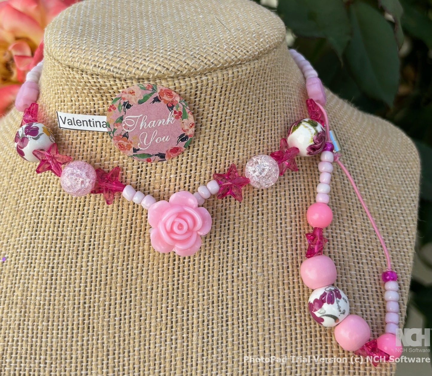 Valentina - Pink Beaded Necklace and bracelet Set Rose Charm Each necklace is individually crafted, ensuring a unique and special piece.