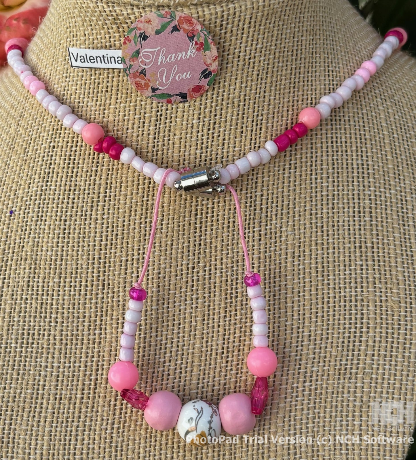 Valentina - Pink Beaded Necklace and bracelet Set Rose Charm Each necklace is individually crafted, ensuring a unique and special piece.