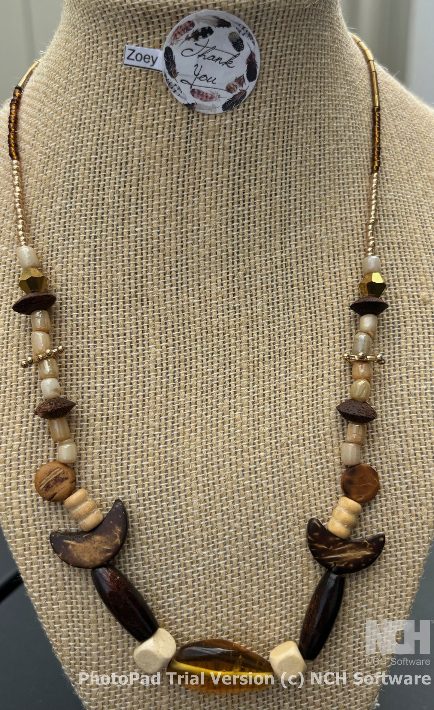 Zoey - Zoey - Wood and Pearl Beaded Necklace with Gold Accents, Earthy Tones