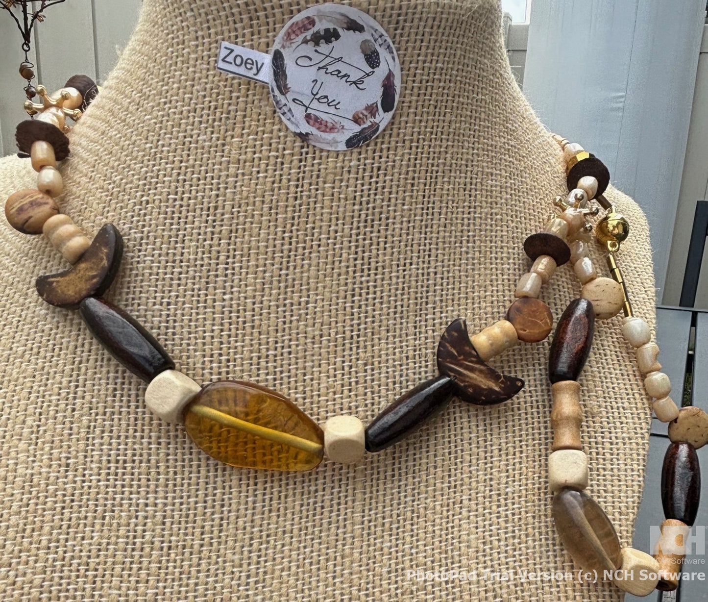 Zoey - Zoey - Wood and Pearl Beaded Necklace with Gold Accents, Earthy Tones