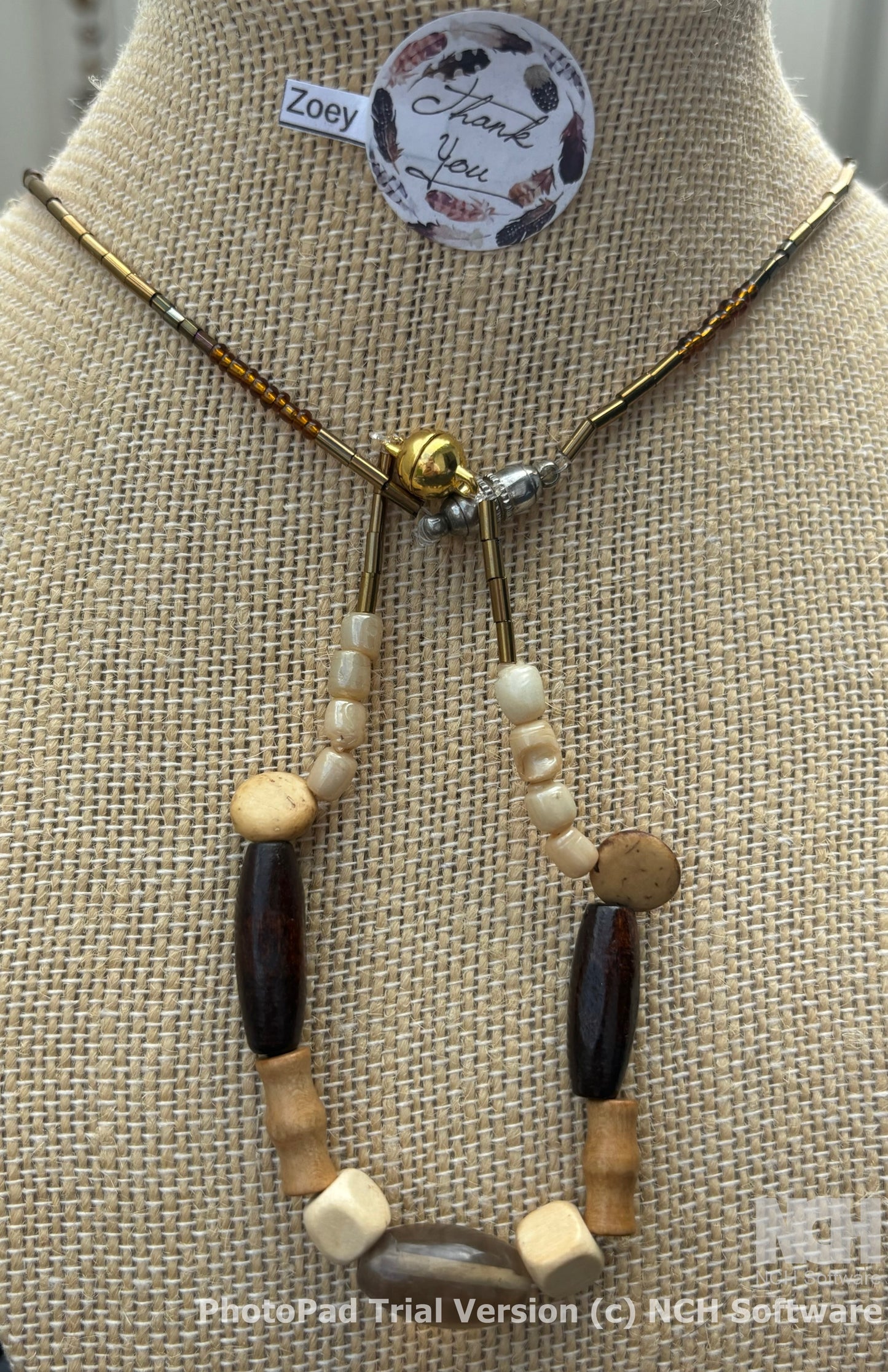 Zoey - Zoey - Wood and Pearl Beaded Necklace with Gold Accents, Earthy Tones