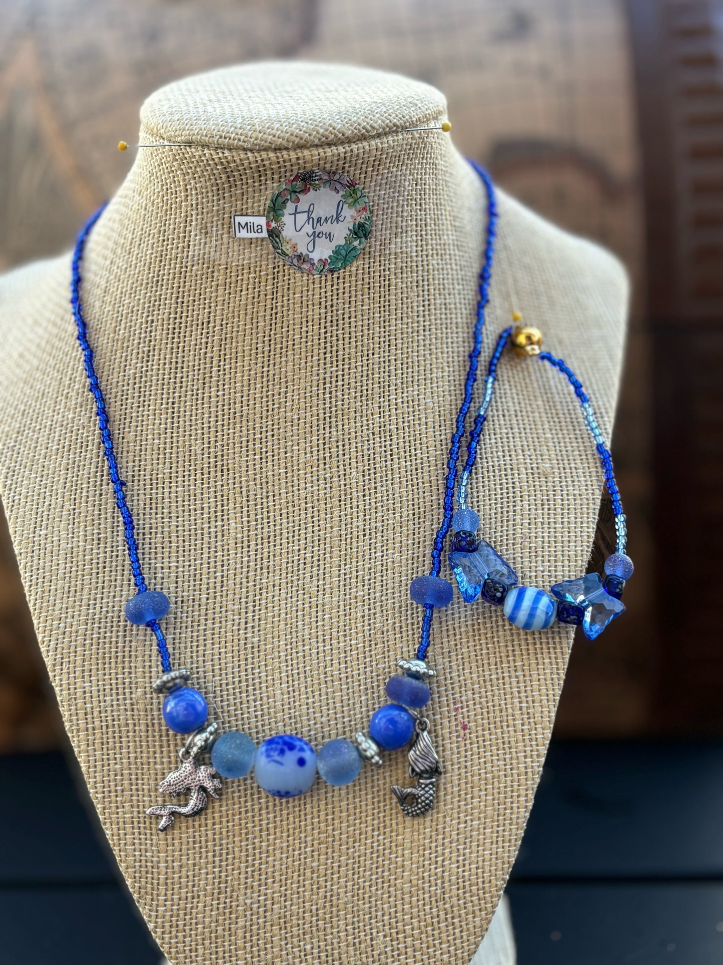 Mila - Blue Beaded Necklace and Bracelet with Mermaid Charm, Under the Sea