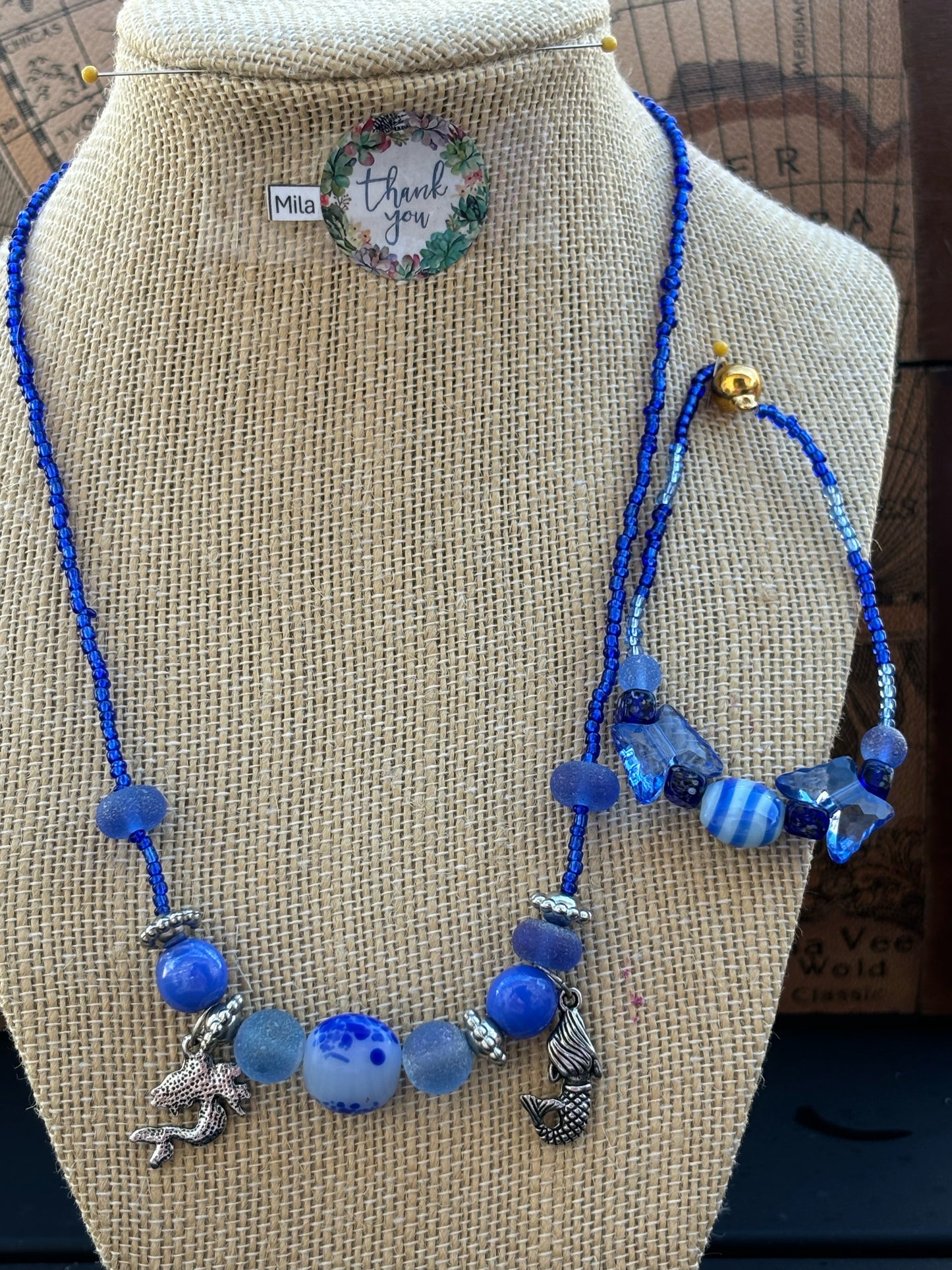 Mila - Blue Beaded Necklace and Bracelet with Mermaid Charm, Under the Sea
