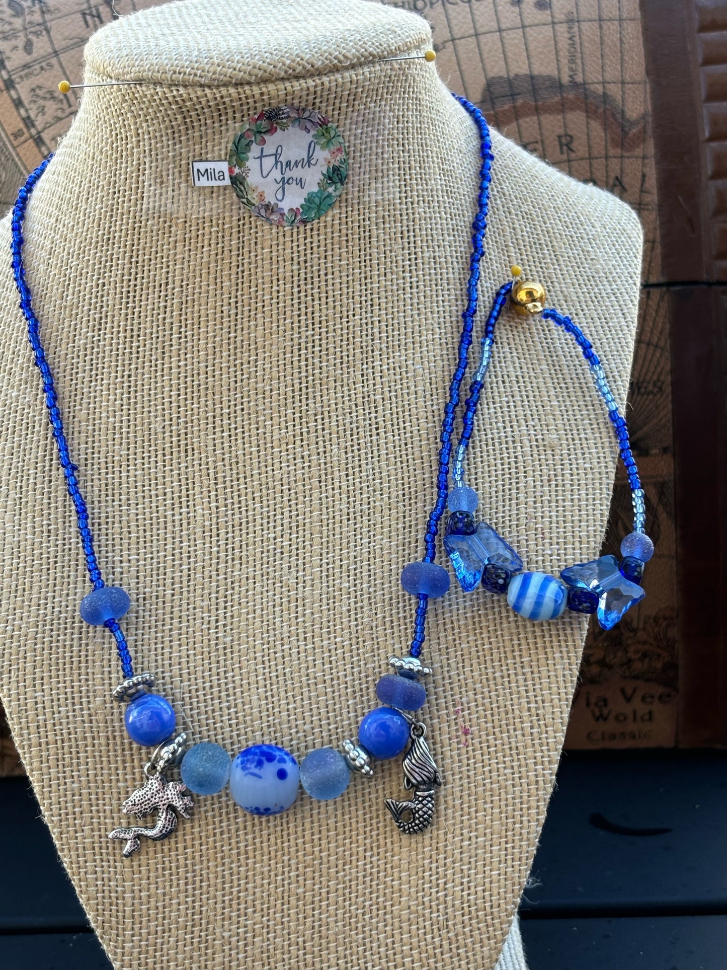 Mila - Blue Beaded Necklace and Bracelet with Mermaid Charm, Under the Sea