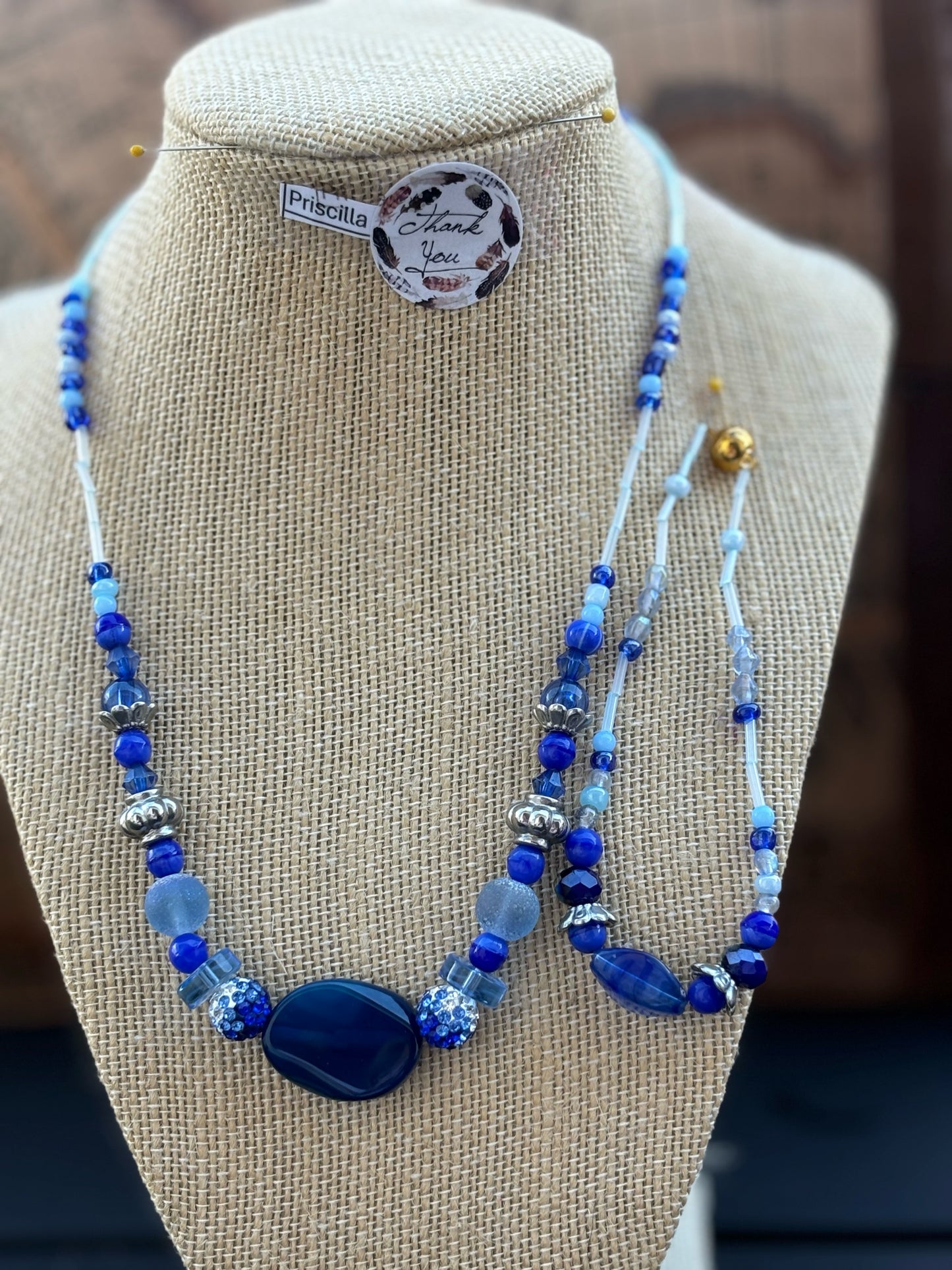 Priscilla - Sapphire Serenity Glass Beaded Necklace with Agate Pendant