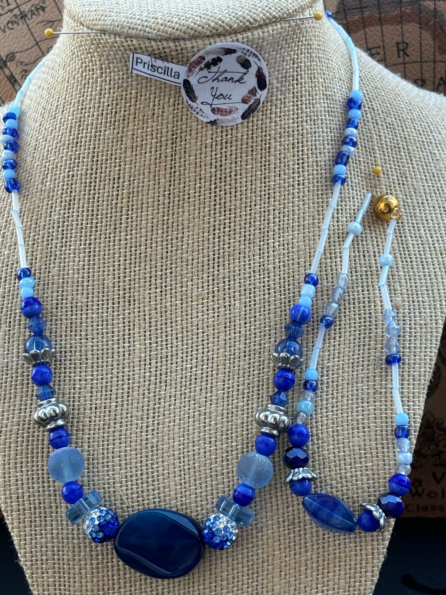 Priscilla - Sapphire Serenity Glass Beaded Necklace with Agate Pendant