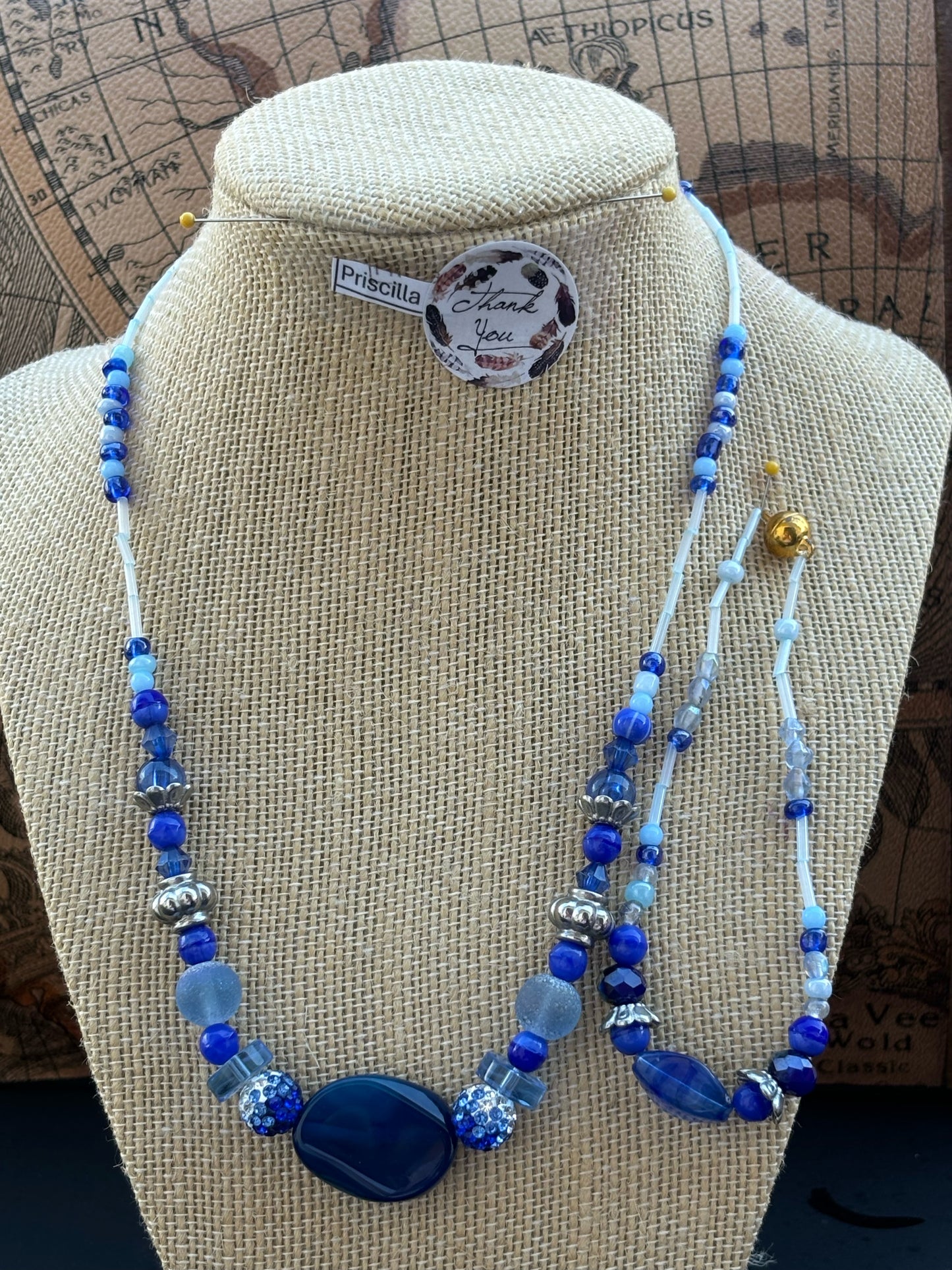 Priscilla - Sapphire Serenity Glass Beaded Necklace with Agate Pendant