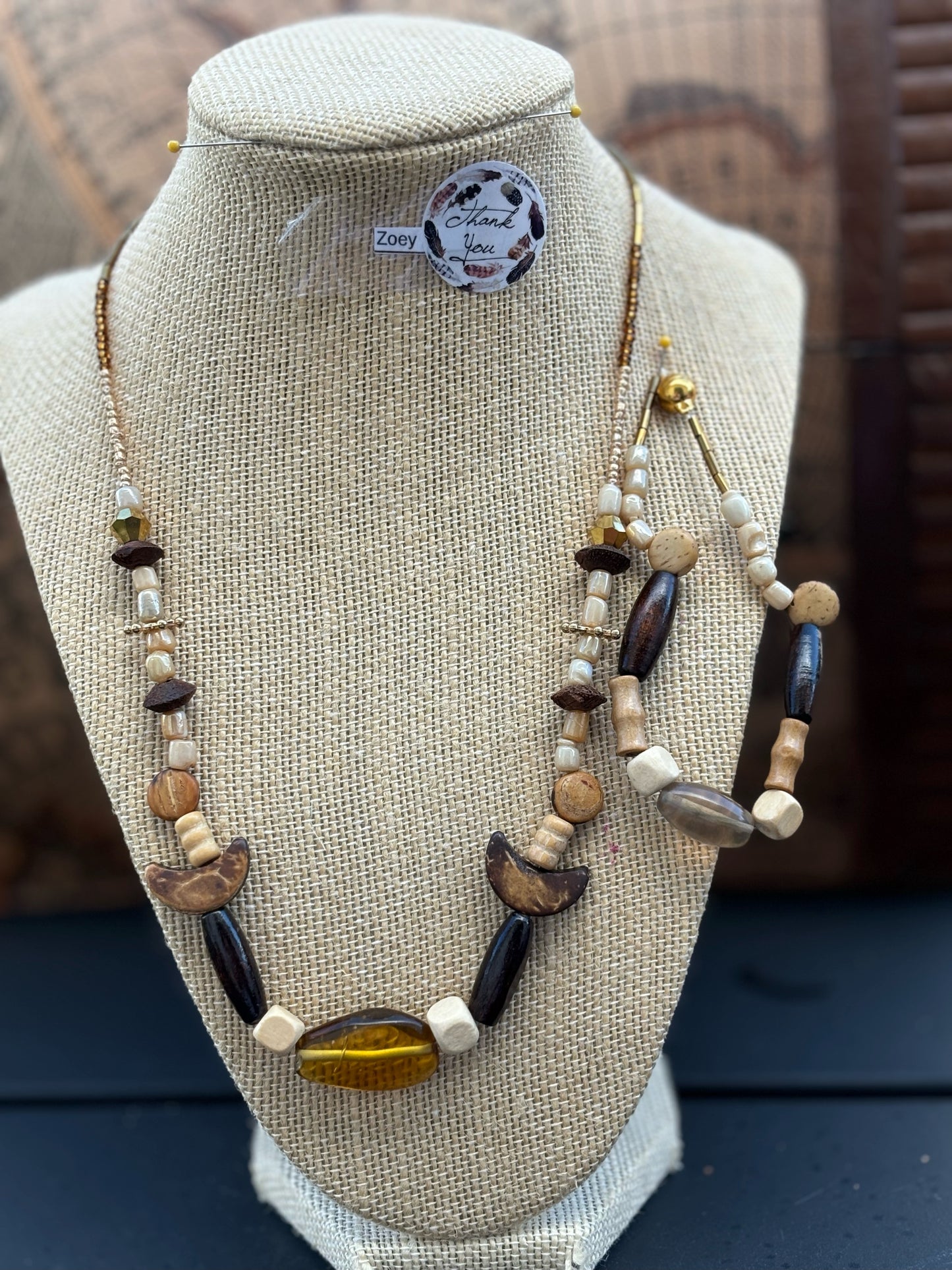 Zoey - Zoey - Wood and Pearl Beaded Necklace with Gold Accents, Earthy Tones