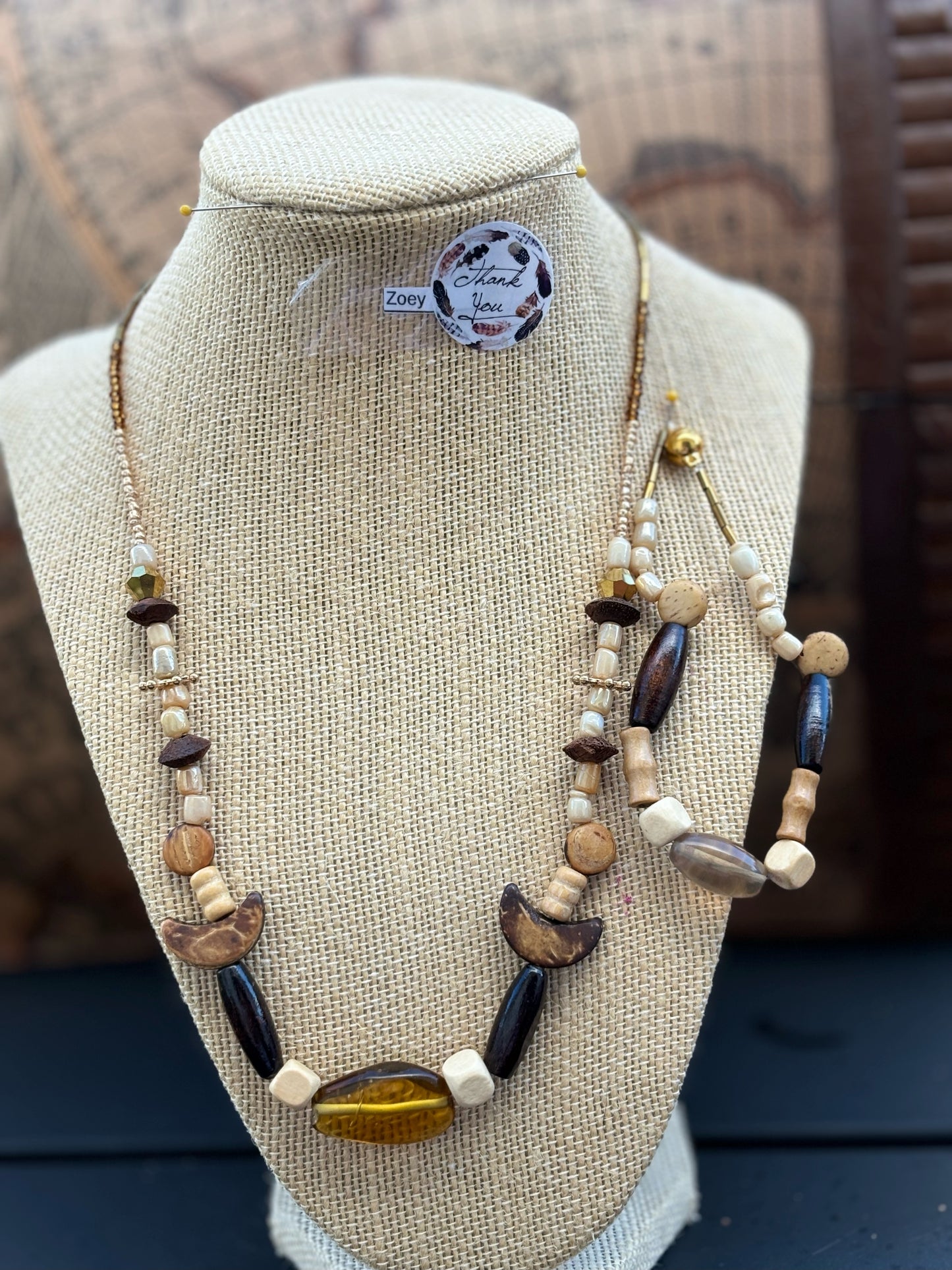 Zoey - Zoey - Wood and Pearl Beaded Necklace with Gold Accents, Earthy Tones