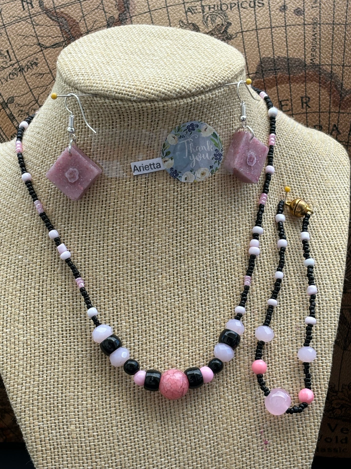 Arietta - Elegant Pink and Black Beaded Necklace and Bracelet. Handmade Perfect for any occasion, this piece is a stylish addition.