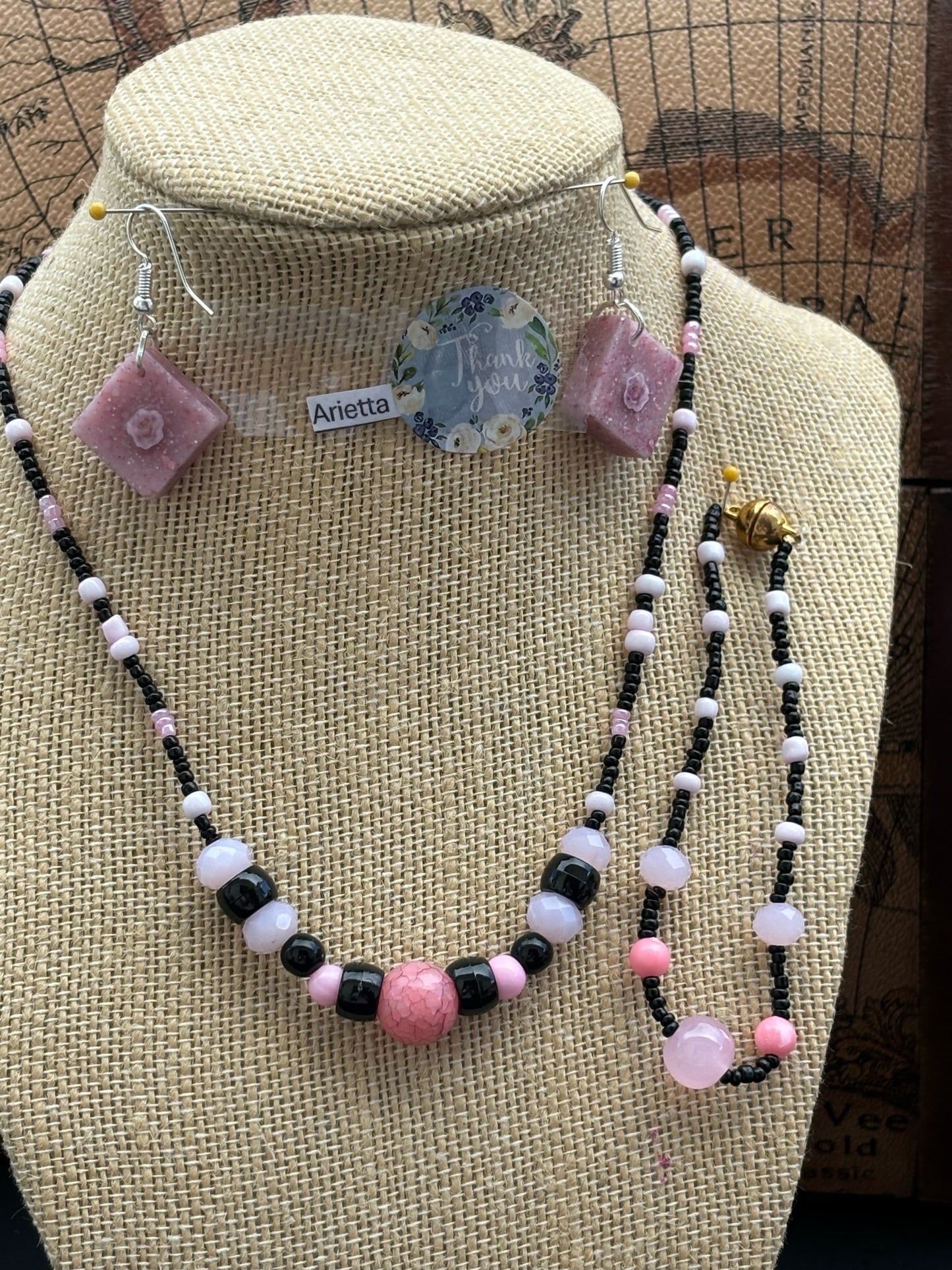 Arietta - Elegant Pink and Black Beaded Necklace and Bracelet. Handmade Perfect for any occasion, this piece is a stylish addition.