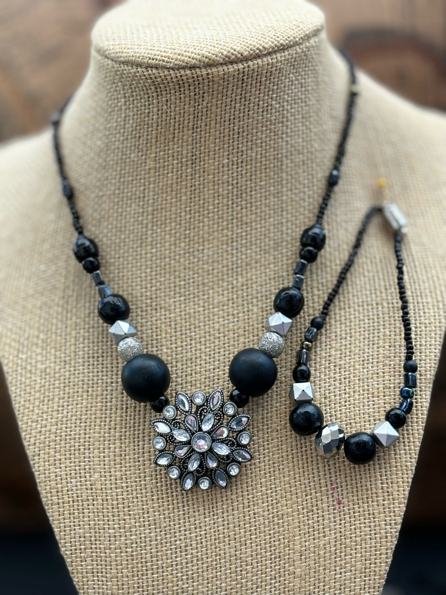 Elena - Elegant Black and Silver Beaded Necklace with Crystal Centerpiece