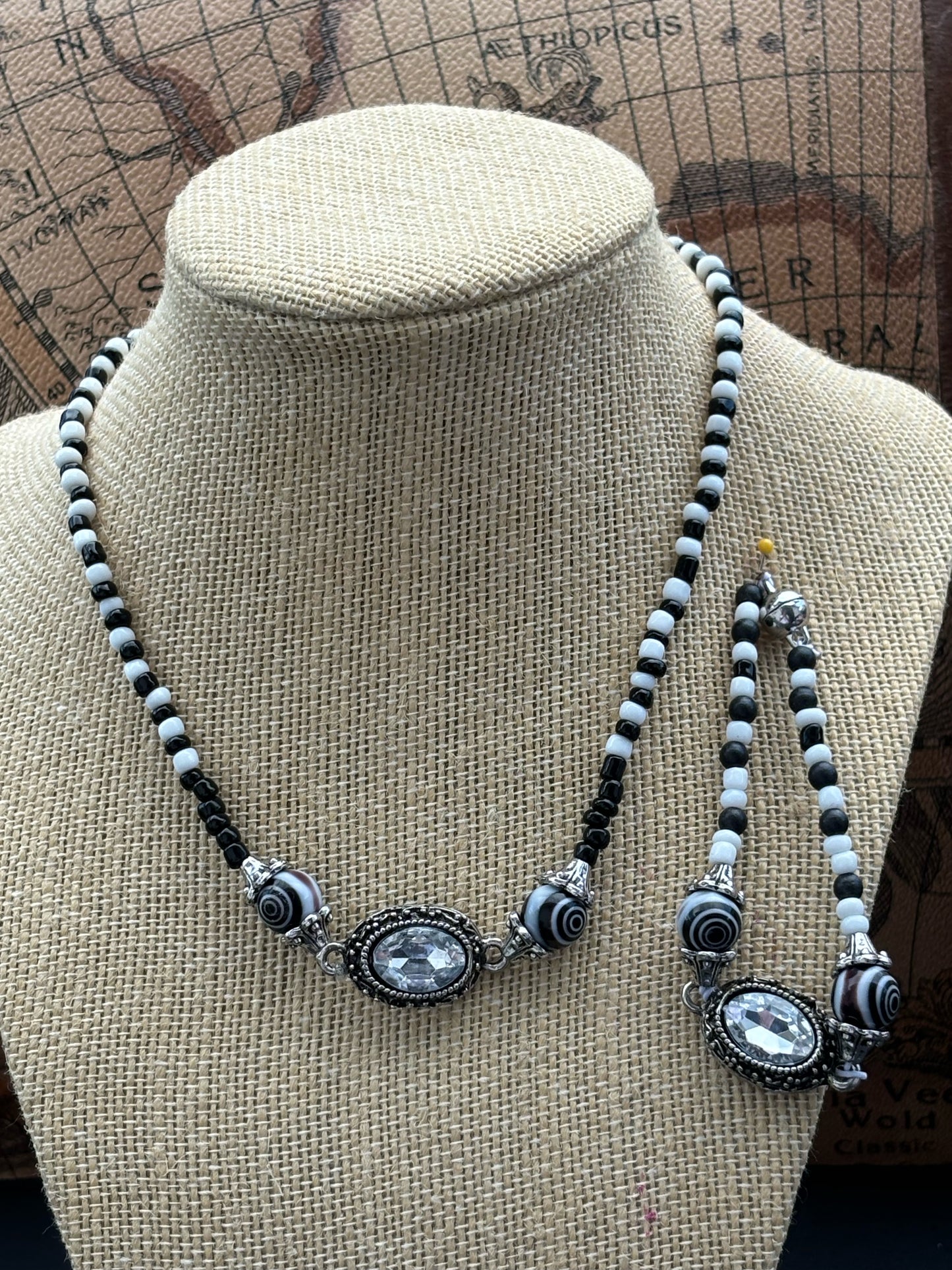 Melanie - Handcrafted Elegance Classic Black and White Beaded Necklace with Crystal Accents