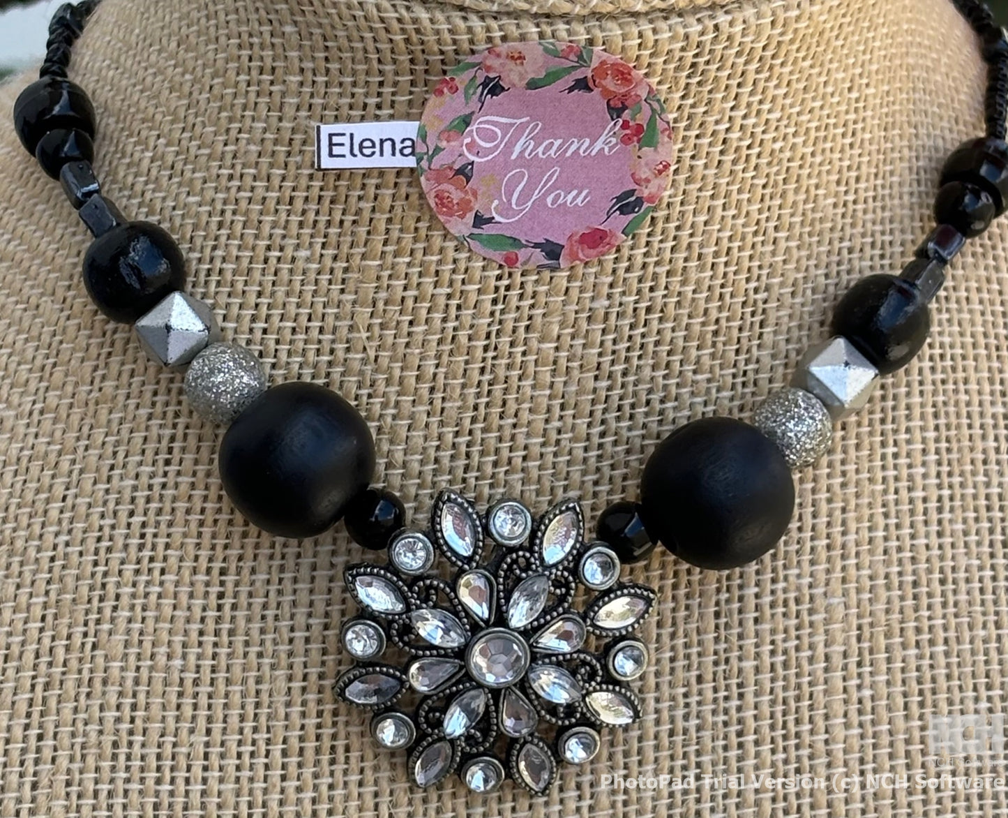 Elena - Elegant Black and Silver Beaded Necklace with Crystal Centerpiece