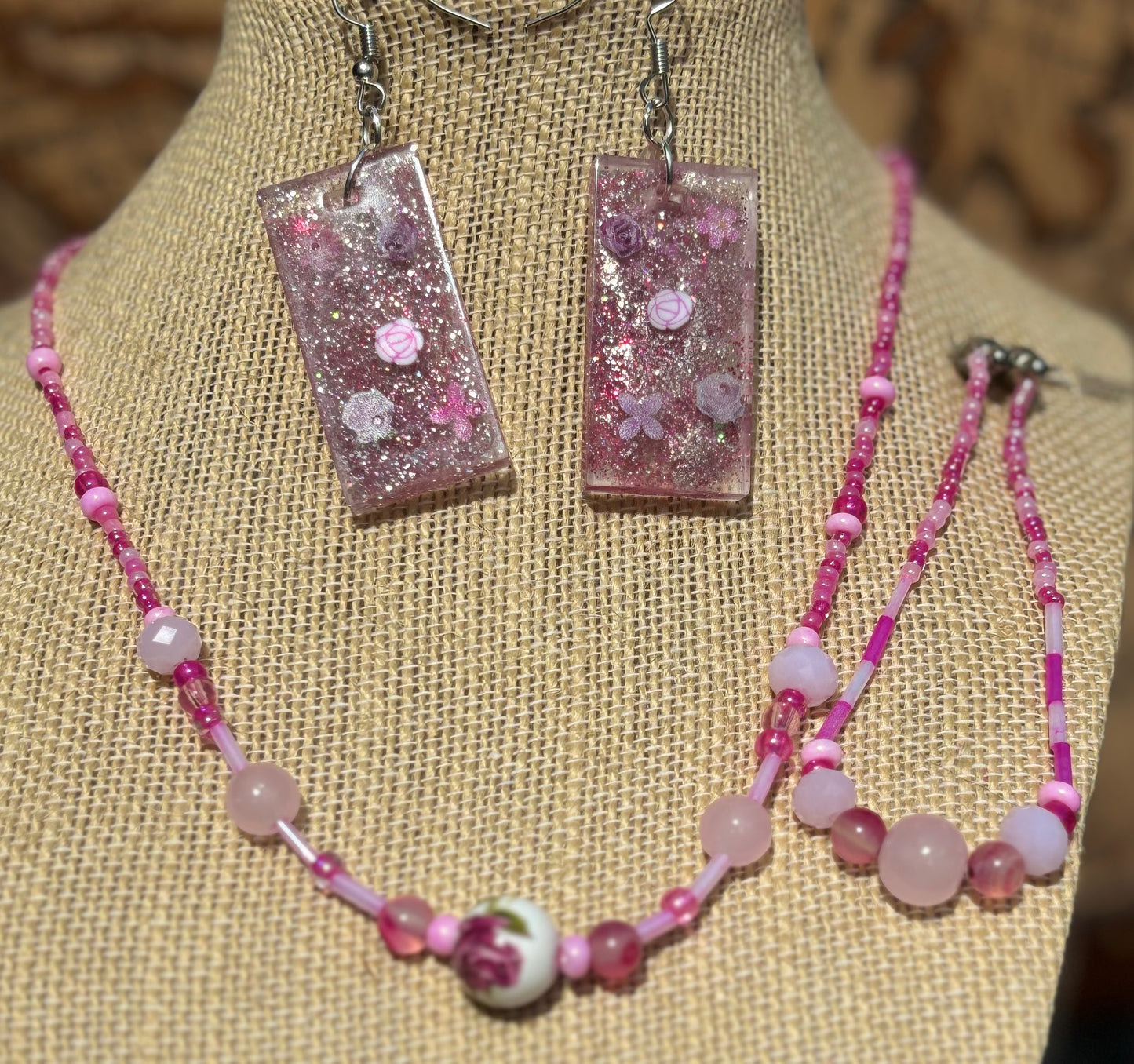 Aaliyah - Pink Beaded Necklace Set with Rose Charm, Each necklace is individually crafted, ensuring a unique and special piece.