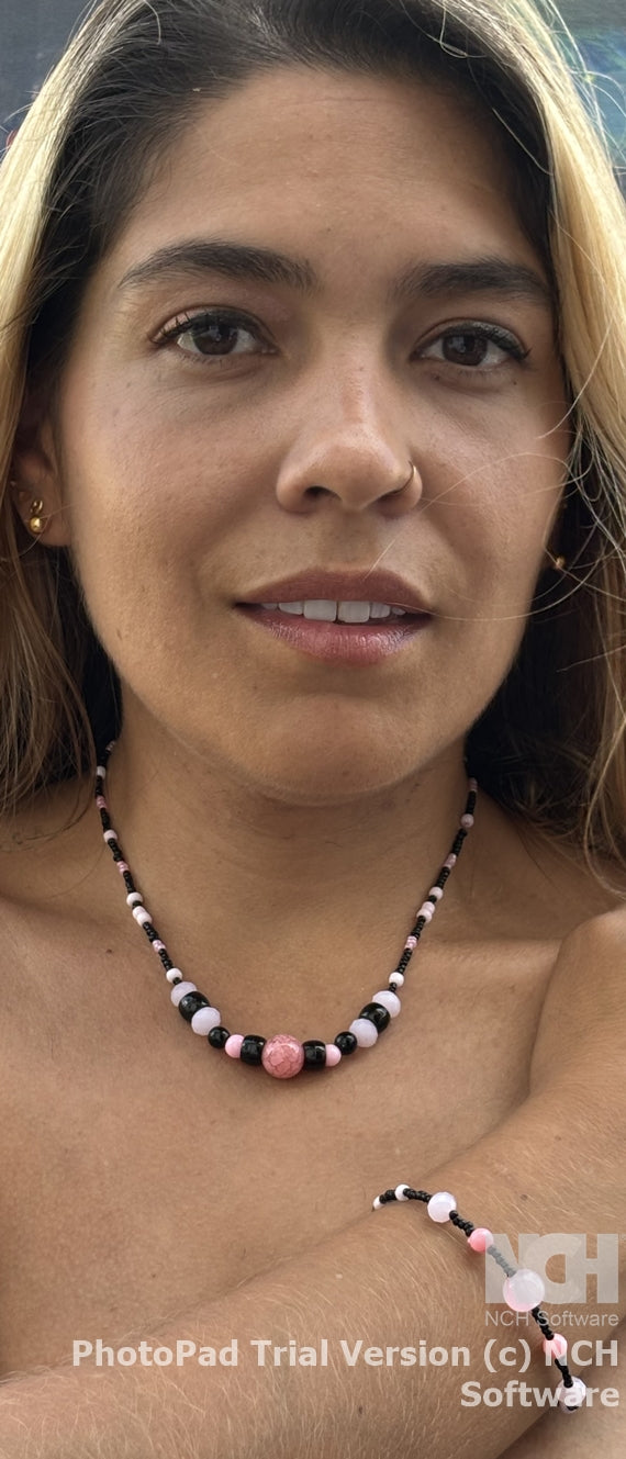 Arietta - Elegant Pink and Black Beaded Necklace and Bracelet.  Handmade Perfect for any occasion, this piece is a stylish addition.