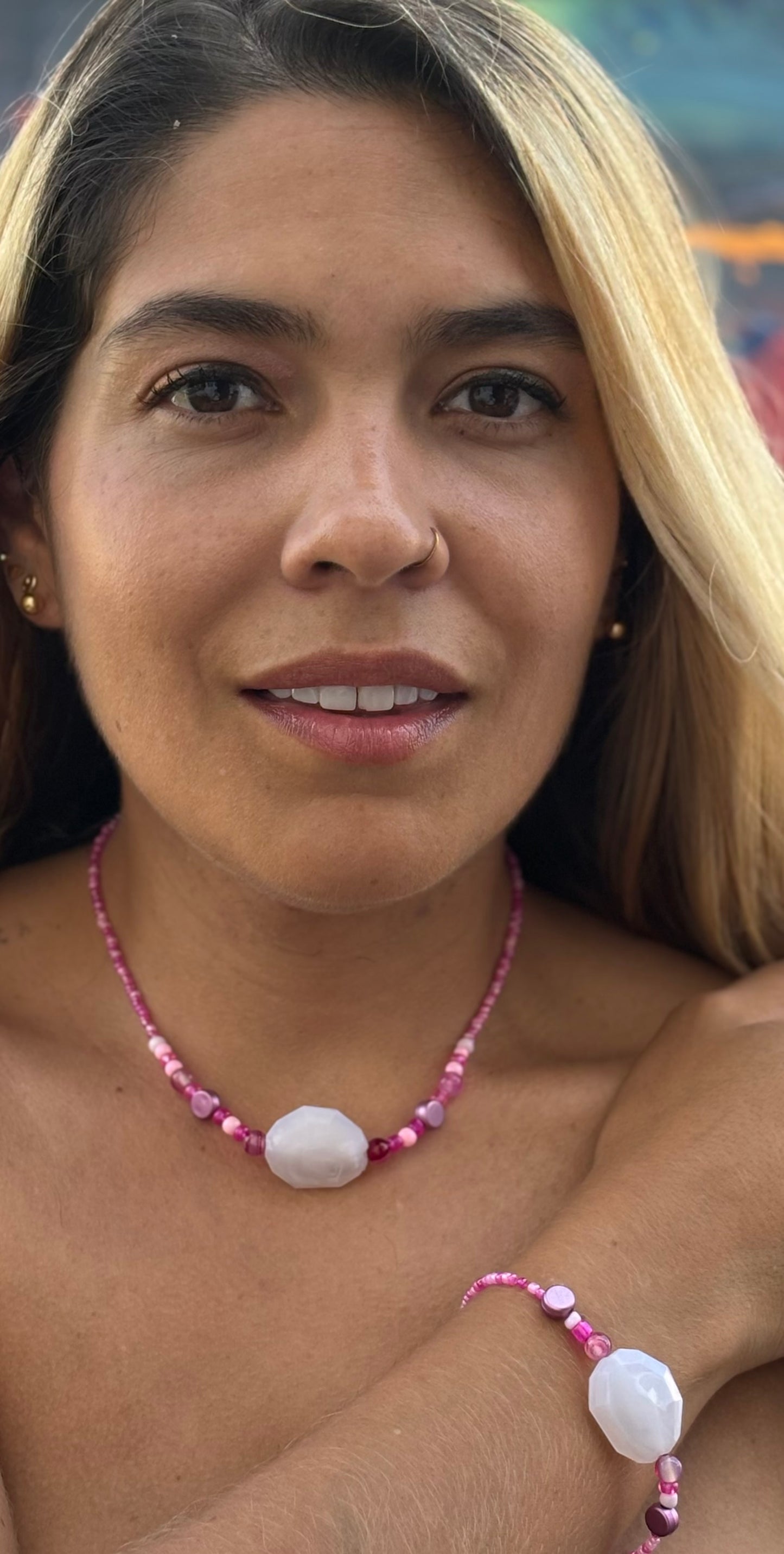 Ella - Pink Rose Quartz Beaded Necklace and Bracelet with Silver Accent, Handcrafted, Unique and Stylish!