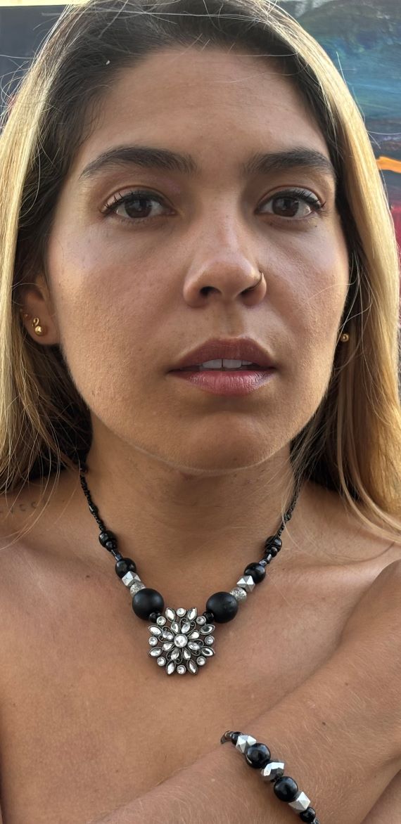 Elena - Elegant Black and Silver Beaded Necklace with Crystal Centerpiece