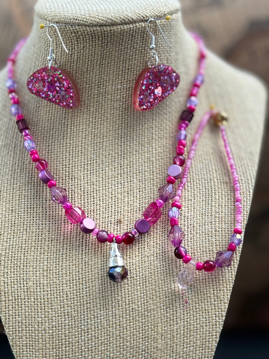 Bianca - Custom Handmade Beaded Necklace and Bracelet Set - Pink and White Elegance