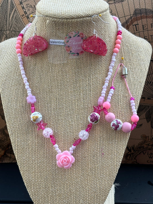 Valentina - Pink Beaded Necklace and bracelet Set Rose Charm Each necklace is individually crafted, ensuring a unique and special piece.