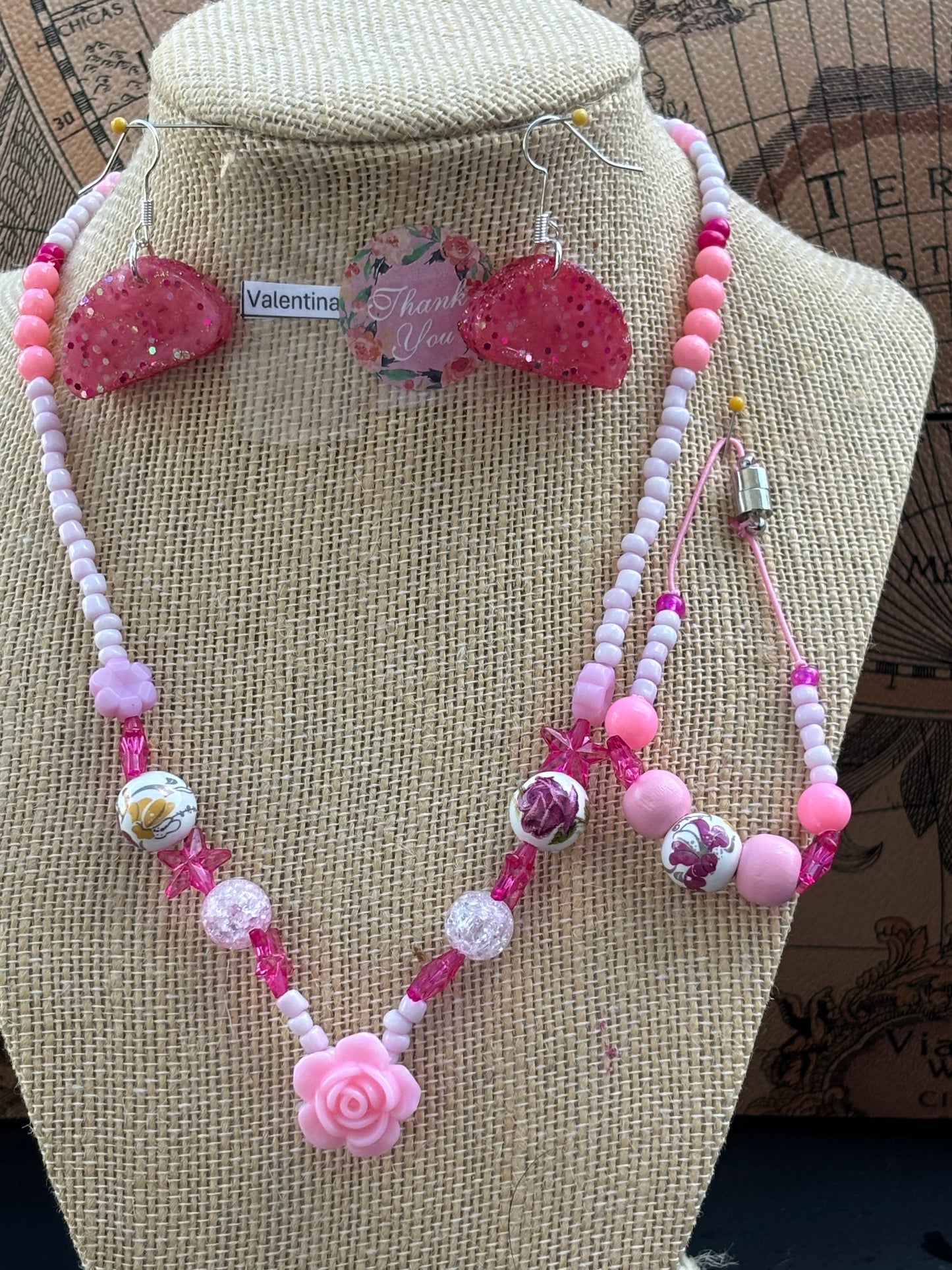 Valentina - Pink Beaded Necklace and bracelet Set Rose Charm Each necklace is individually crafted, ensuring a unique and special piece.