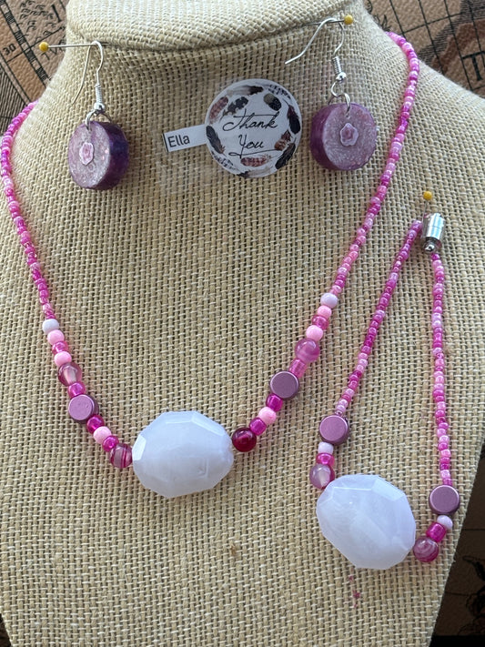 Ella - Pink Rose Quartz Beaded Necklace and Bracelet with Silver Accent, Handcrafted, Unique and Stylish!
