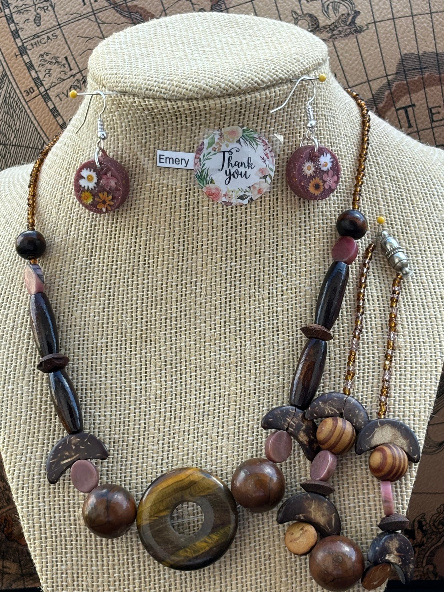 Emery - Wooden Beaded Necklace and bracelet with Tiger's Eye