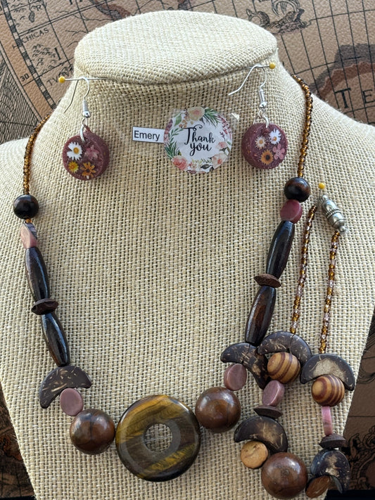 Emery - Wooden Beaded Necklace and bracelet with Tiger's Eye
