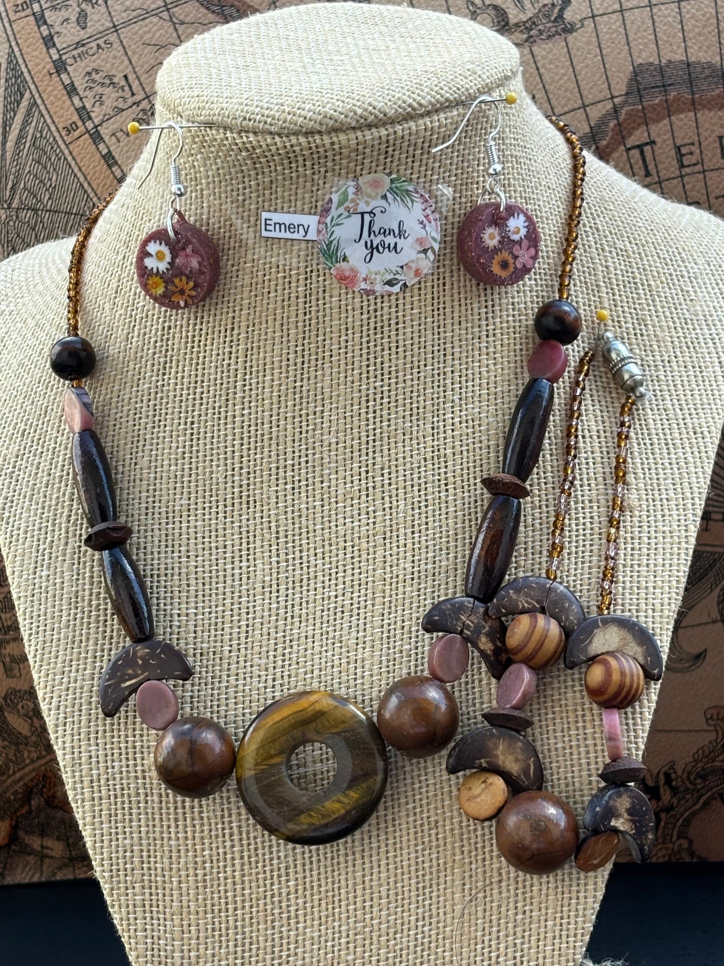 Emery - Wooden Beaded Necklace and bracelet with Tiger's Eye