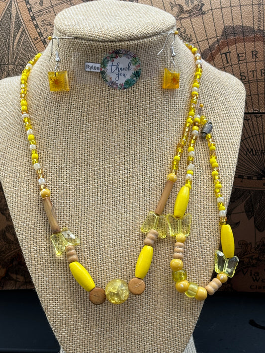 Rylee - Sunny Yellow Beaded Necklace and Bracelet with Wooden Accents