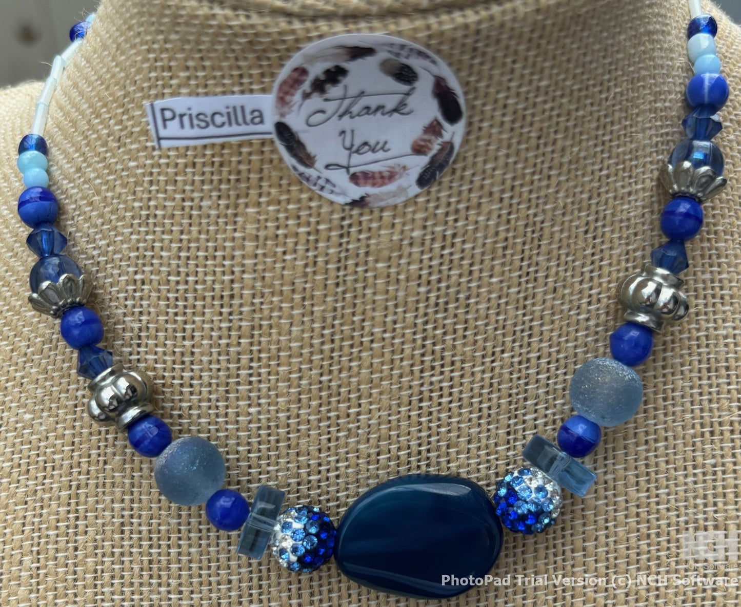Priscilla - Sapphire Serenity  Glass Beaded Necklace with Agate Pendant