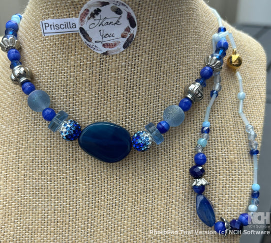 Priscilla - Sapphire Serenity  Glass Beaded Necklace with Agate Pendant